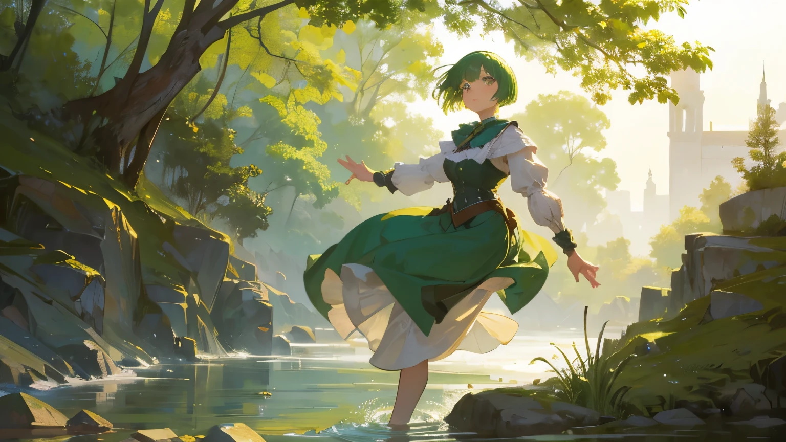 A woman with a green bob cut jumping into the river from a rock with clothes on Alphonse Mucha atmosphere