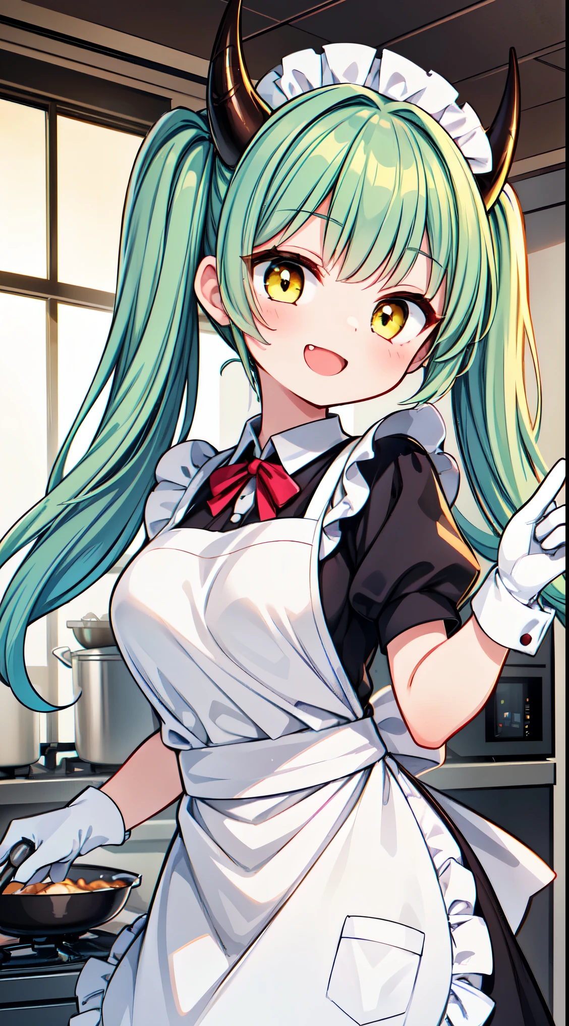 (super fine illustration:1.2),(masterpiece, 8k), (best quality, high quality:1.4), perfect anatomy, hyper detailed, ultra detailed,masterpiece background,beautiful detailed background, v8k wallpaper,perfect design,award-winning art,atmospheric,
BREAK, 1 beautiful girl, ( girl),alone,(cute:1.5),(Little:0.6),(cute:1.5),(change:0.5),break, :d, (twin tails, green hair, horn, long hair:1.35), (yellow eyes, double, slanted eyes:1.45), blush, double teeth, ((D cup breasts))), heart, sight, maid, /maid dragon/, dragon tail, (long eyelashes, double eyelids, thin eyebrows:1.2), alone, glowing skin, beautiful skin, beautiful skin, (highest quality face), (highest quality slanted eyes), maid outfit, gloves, open your mouth, short sleeve, smile, white gloves,(The best smile,smug face:1.45),
BREAK,
(cute, kawaii, charming girl, apron, cooking, kitchen, clear:1.3), delicious looking food on dish, look up,smile,
BREAK,wakame,wakame,wakame,(dynamic pose,from front:1.5)
BREAK,(Blurry background:1.3),(absurderes, hight resolution, Super Detail Art),cel shading,Clear Color, Lonely optical effect, Beautiful pictures, Bright glow, mystic atmosphere,(Close-up of girl:1.1), Mystical light particle effect,manga influence, clean line drawings,