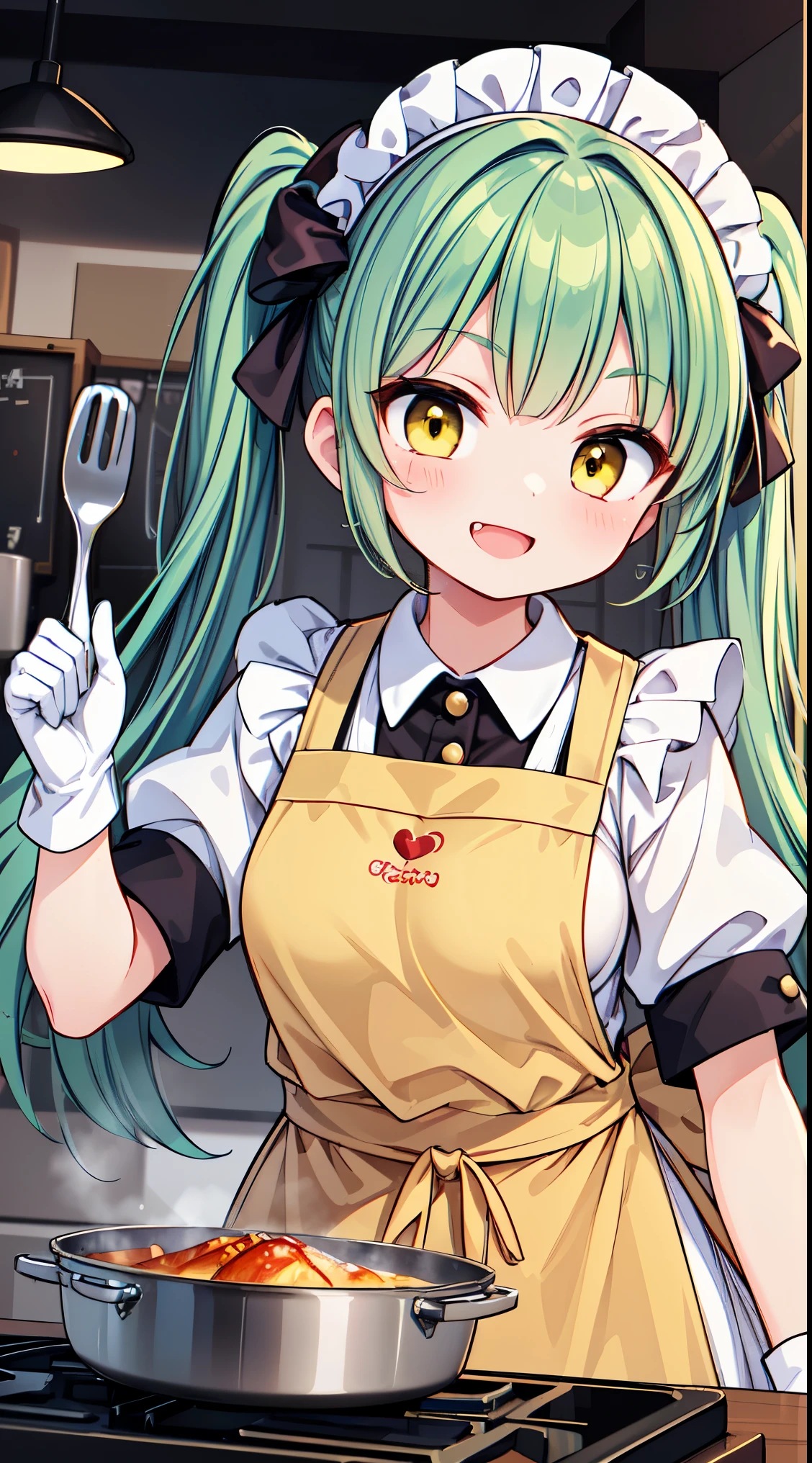 (super fine illustration:1.2),(masterpiece, 8k), (best quality, high quality:1.4), perfect anatomy, hyper detailed, ultra detailed,masterpiece background,beautiful detailed background, v8k wallpaper,perfect design,award-winning art,atmospheric,
BREAK, 1 beautiful girl, ( girl),alone,(cute:1.5),(Little:0.6),(cute:1.5),(change:0.5),break, :d, (twin tails, green hair, horn, long hair:1.35), (yellow eyes, double, slanted eyes:1.45), blush, double teeth, ((D cup breasts))), heart, sight, maid, /maid dragon/, dragon tail, (long eyelashes, double eyelids, thin eyebrows:1.2), alone, glowing skin, beautiful skin, beautiful skin, (highest quality face), (highest quality slanted eyes), maid outfit, gloves, open your mouth, short sleeve, smile, white gloves,(The best smile,smug face:1.45),
BREAK,
(cute, kawaii, charming girl, apron, cooking, kitchen, clear:1.3), delicious looking food on dish, look up,smile,
BREAK,wakame,wakame,wakame,(dynamic pose,from front:1.5)
BREAK,(Blurry background:1.3),(absurderes, hight resolution, Super Detail Art),cel shading,Clear Color, Lonely optical effect, Beautiful pictures, Bright glow, mystic atmosphere,(Close-up of girl:1.1), Mystical light particle effect,manga influence, clean line drawings,