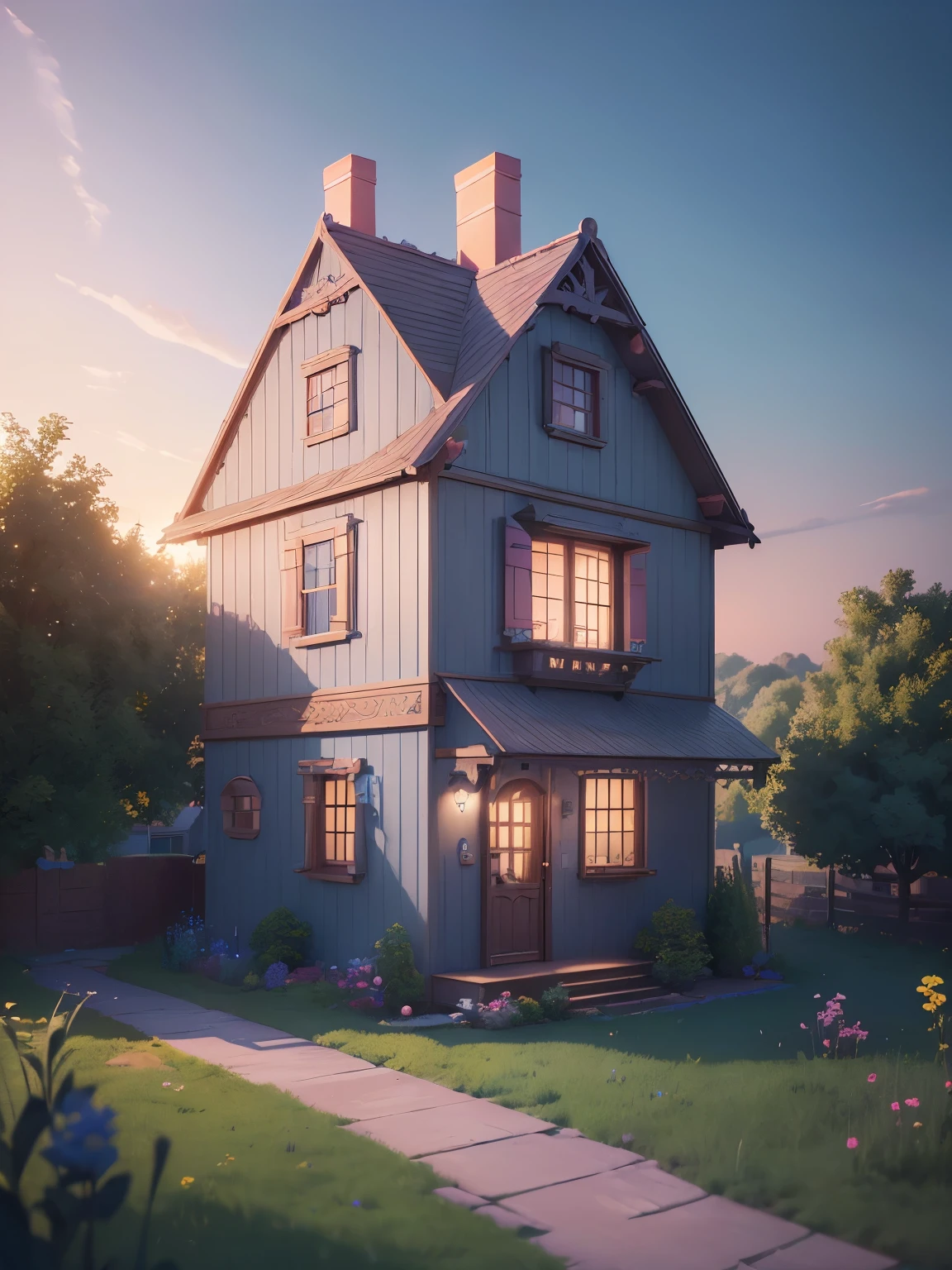 ((masterpiece、very detailed CG Unity 8k、best quality、very detailed：1.2))、(Top quality: 1.2)、 Candy House、(best illustrations)、 (beautiful lighting)、Isometric 3D、octane rendering、ray tracing、Super detailed、fantasy、cute house exterior、pop blue and pink house、Behind is a field、Cartoon、beautiful sky