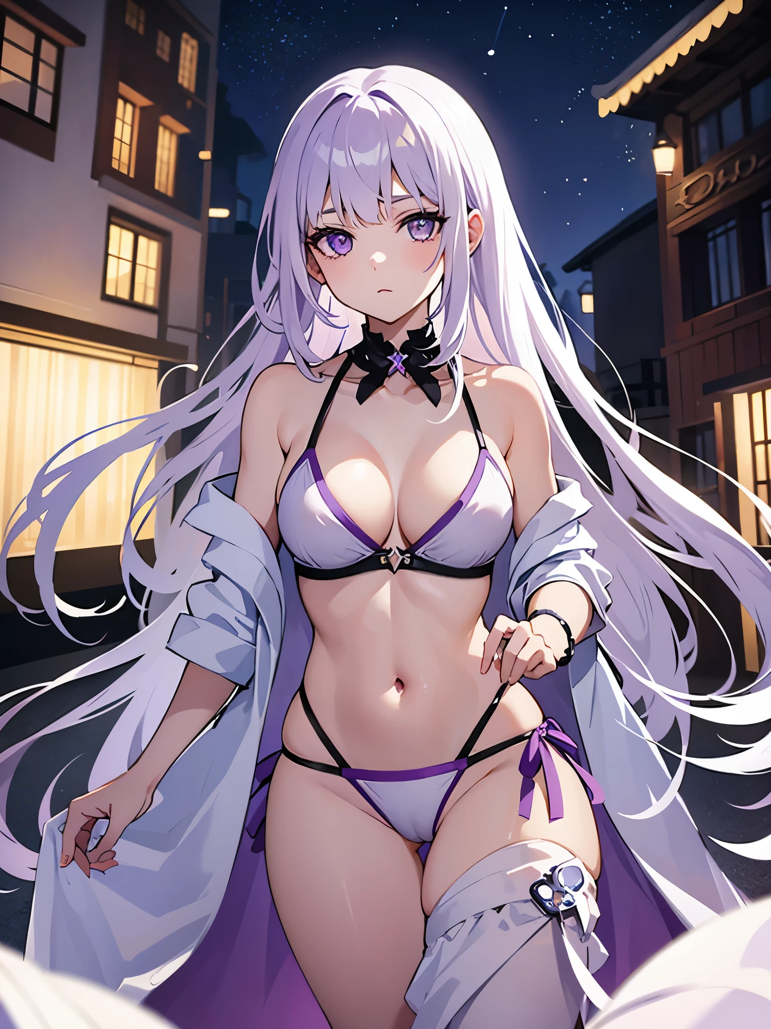 A girl with purple eyes and white hair, with an aesthetic body and in a bikini