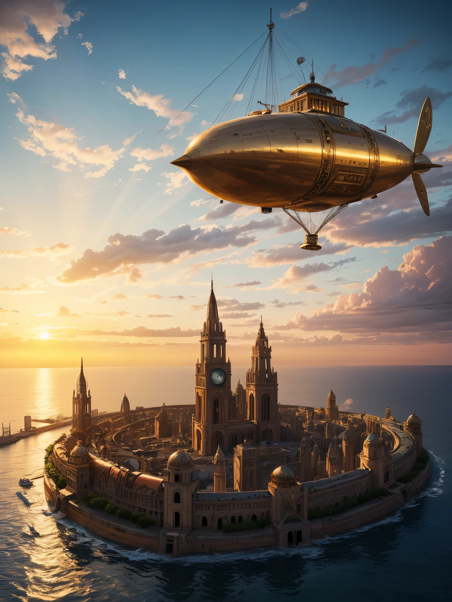 an 'ancient' Steampunk style city at Sunset surrounded by a sea of gorgeous rippling water, concentric circles of water and land, ancient old palaces, and temples made of white stone and gold,  golden light of the sunset. , bronze and gold,  steampunk airships . advanced civilization, serene yet awe-inspiring, set against the ocean's expanse. Steampunk style, city from afar, bronze and gold, intricate detail, magical, unusual, beautiful but weird, steampunk airships, inspiring sunset.