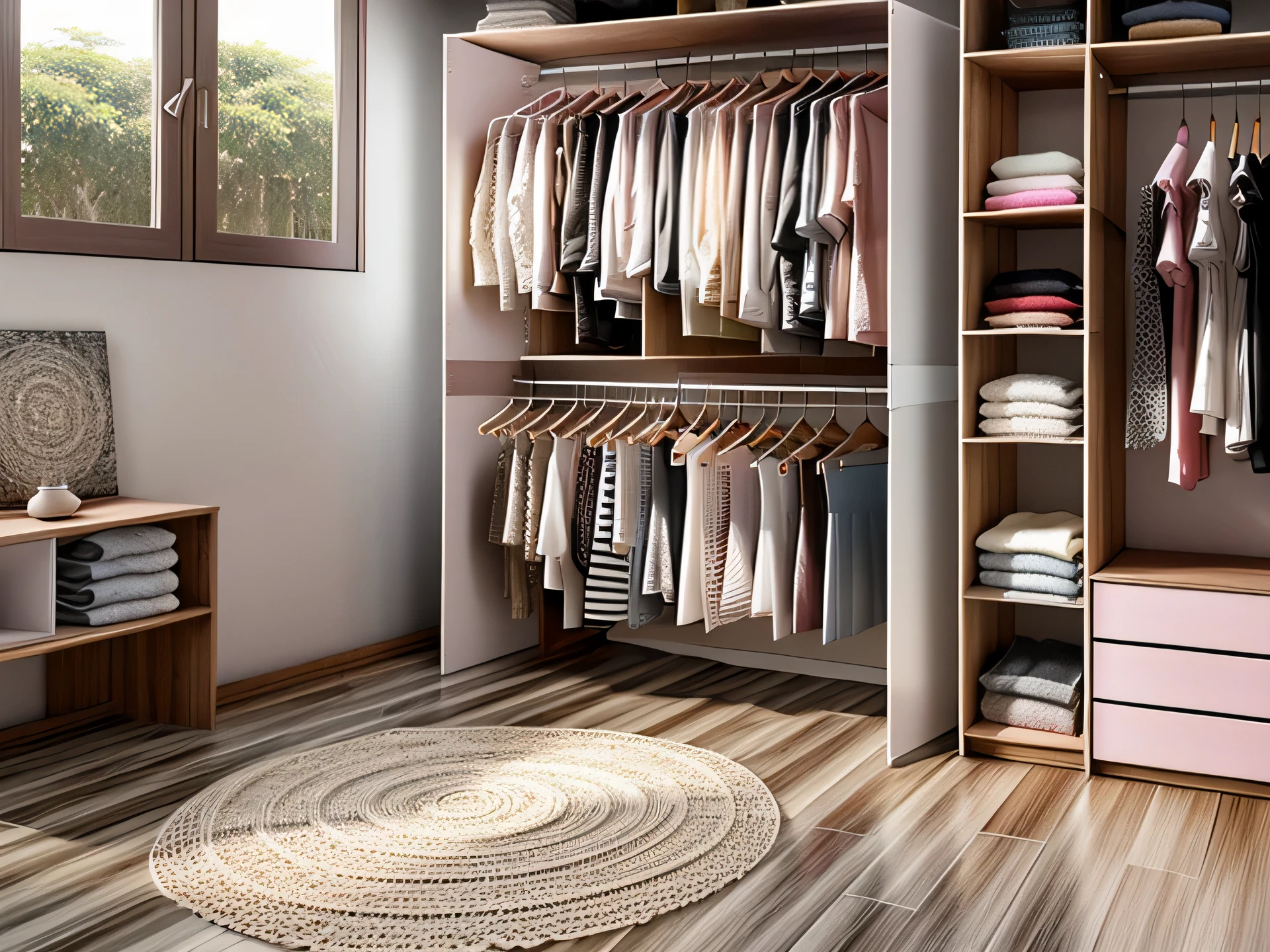((obra de arte)),((melhor qualidade)),((alto detalhe)),((realista,)) closet pequeno, feminino, rosa, roupas penduradas, roupas empilhadas, wooden floor, puff, enfeites
