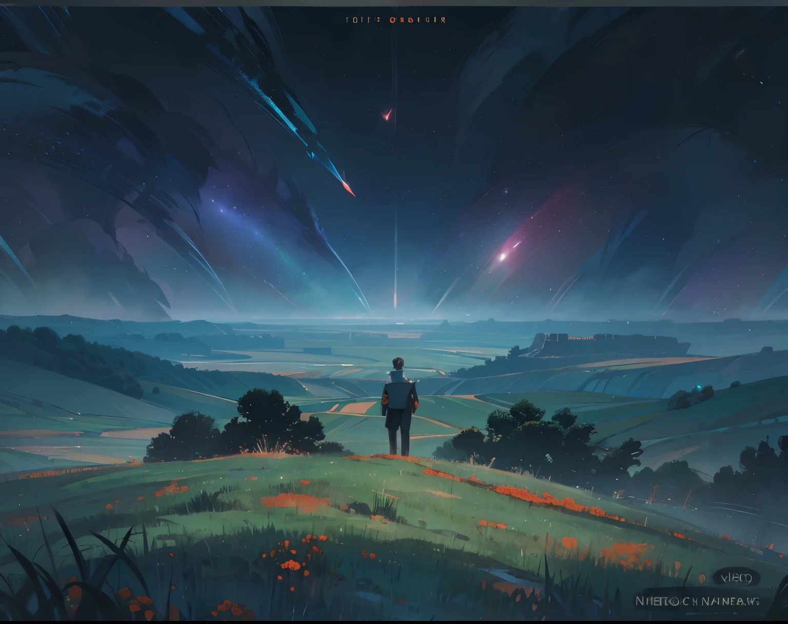 On lush gray-green grass，There is a person standing in the center.Only the back，Wearing an elegant black suit。It&#39;s drizzling in the dark blue sky
，Humid atmosphere。There are lush valleys in the distance