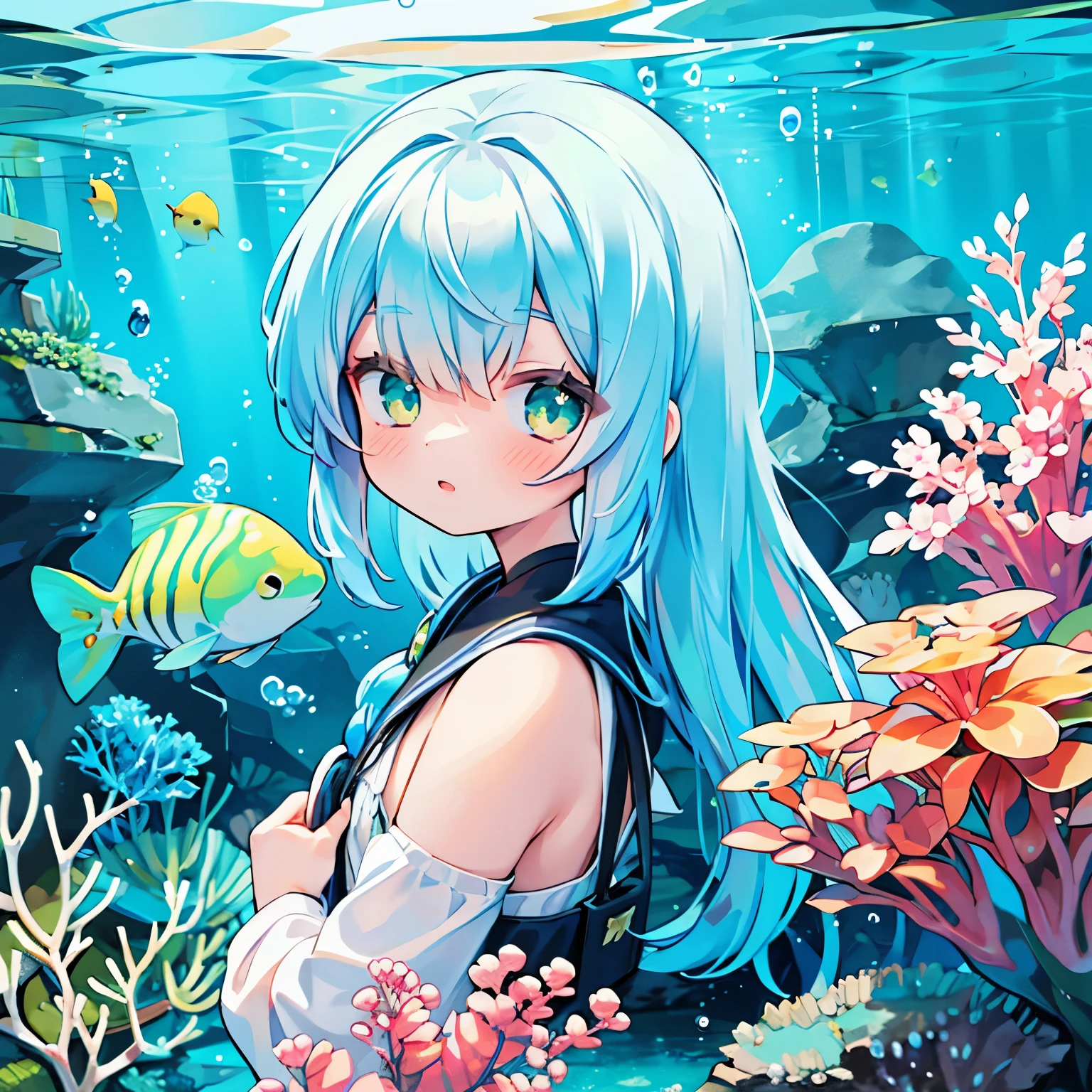 1girl, solo, moe, innocent, looking to viewer, underwater, sea creatures, fish, bubbles, long hair, blue hair, green eyes, depth of field, mysterious, vibrant color, starrystarscloudcolorful