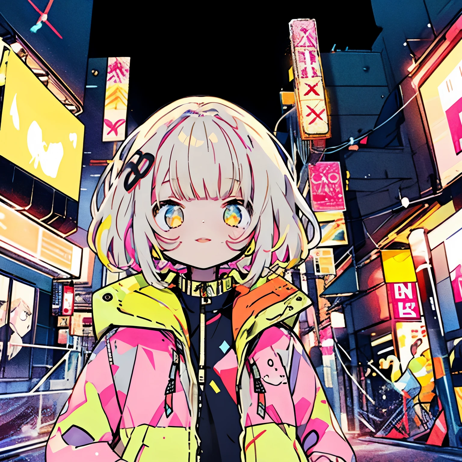 masterpiece, highest quality, 1 girl, City Pop, night, neon light, looking at something else, Upper body, vector illustration, Jacket, light smile, dull bangs, long hair