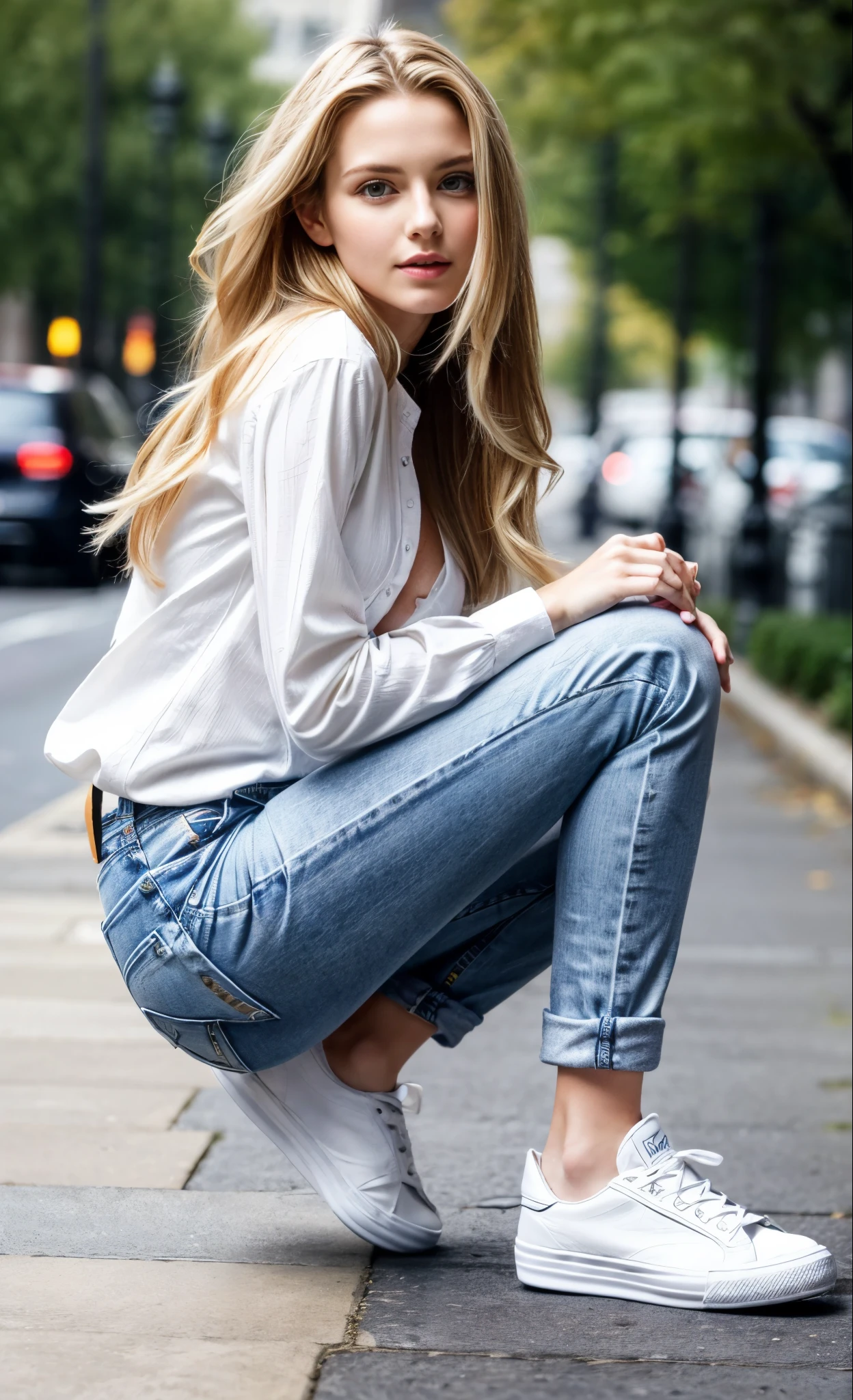 RAW photo, photo realistic:1.2, ultra high resolution, highly detailed face, highly detailed eyes, perfect anatomy, super detailed skin, not safe for work, UHD,
(dynamic angle, casual pose:1.2), outdoors, downtown, (leg focus, full body:1.3), (beautiful face, beautiful eyes, beautiful legs),
1girl, 20 year old, European woman, blonde hair, straight hair, long blonde hair, forehead, blue eyes, large breast, (white button shirt), cleavage, long sleeves, skinny, wide hips, thin waist, (skinny jeans:1.4), (blue jeans:1.4), (white sneakers)