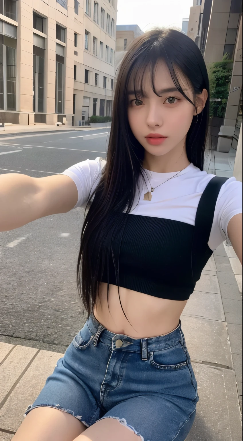 ((realistic lighting, highest quality, 8K, masterpiece: 1.3)), clear focus: 1.2, 1 girl, perfect beauty: 1.4, slim abs: 1.1,Angle of view that captures the whole body, tartan check miniskirt, long legs,black knee high socks,black shoes with straps((Long black hair)),((With bangs)), (white crop top: 1.4), (outdoor, night: 1.1), Taking a selfie with a smartphone,in the university courtyard,Physical education sitting,super fine face, fine eyes, double eyelid,