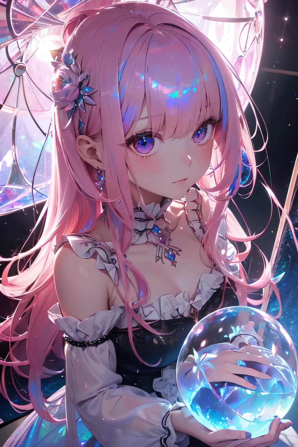 (8K, best quality, master piece: 1.2), ultra high resolution, a beautiful girl inside a glass ball,ultra-detailed face,detailed eyes,frill dress,(the whole body fits inside the glass ball), long pink hair, expressionless, (iridescent light:1.4) ,wariza ,(homunculus),forest