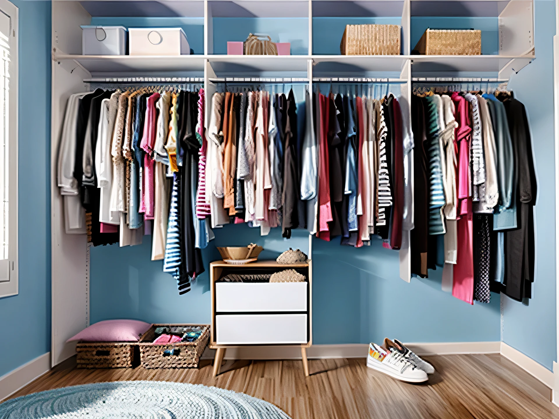((obra de arte)),((melhor qualidade)),((alto detalhe)),((realista,)) closet pequeno, feminino, azul, roupas penduradas, roupas empilhadas, wooden floor, puff, enfeites