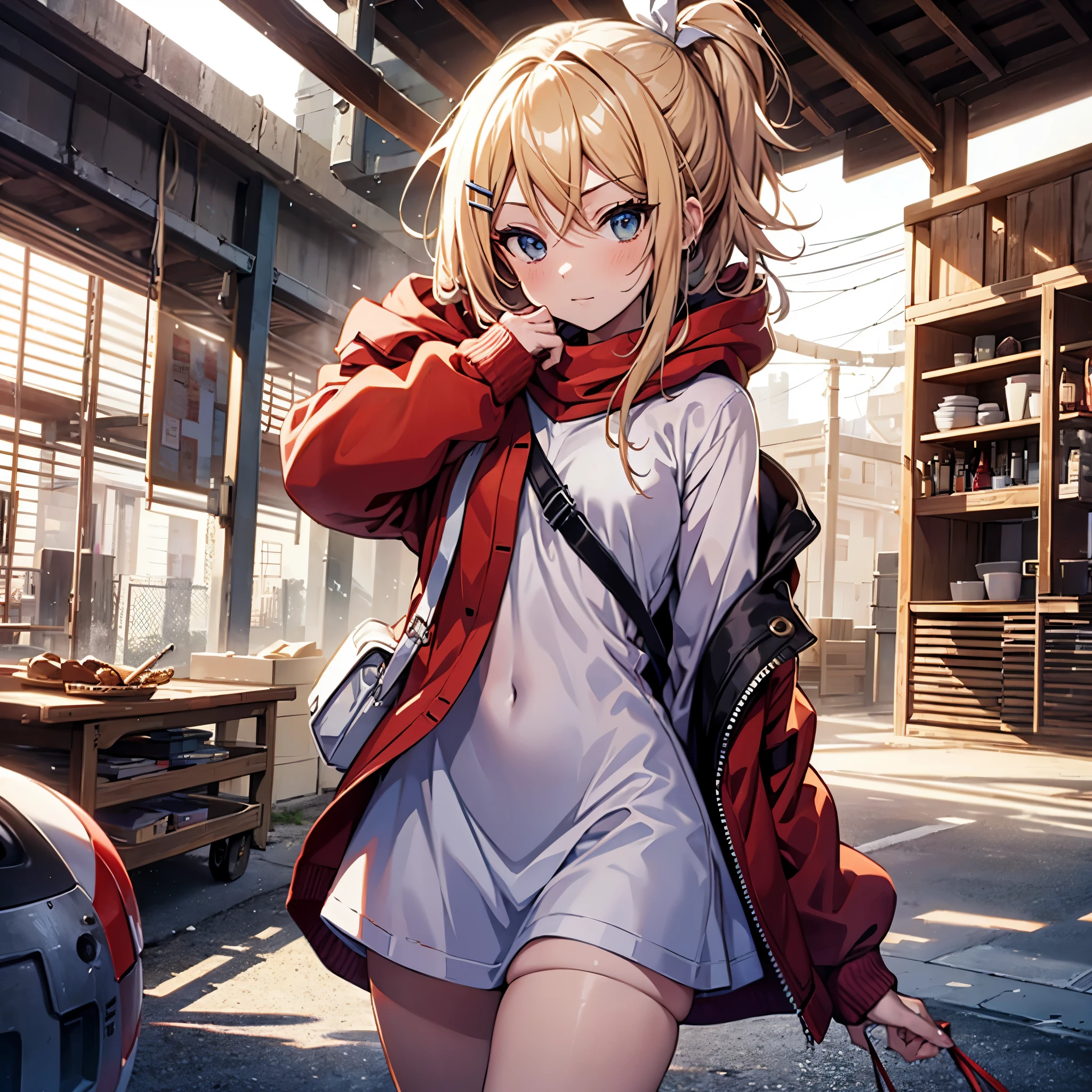 Kagamine rin , 1 girl , wearing a red hooded sweater , white miniskirt with gold horizontal lines , viendo al espectador , bragas visibles , rostro seductor