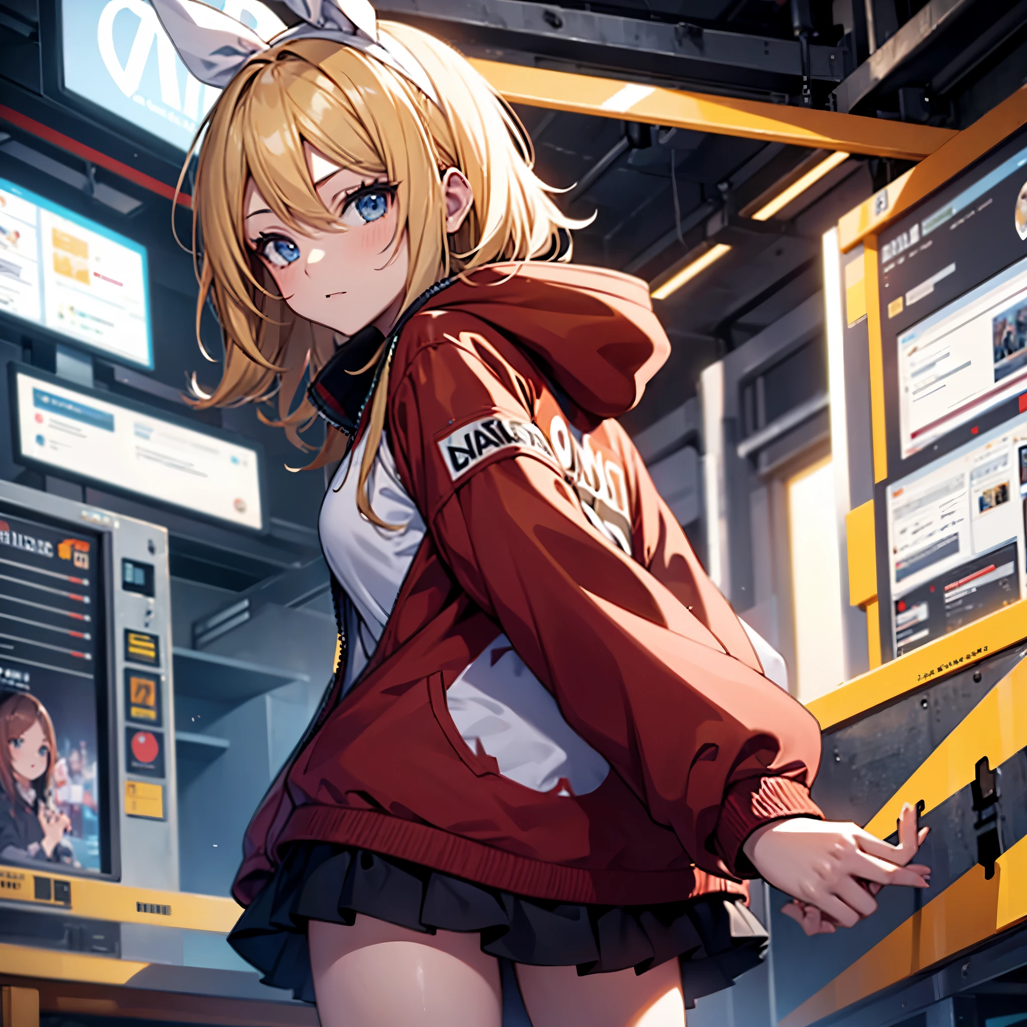 Kagamine rin , 1 girl , wearing a red hooded sweater , white miniskirt with gold horizontal lines , viendo al espectador , bragas visibles , rostro seductor