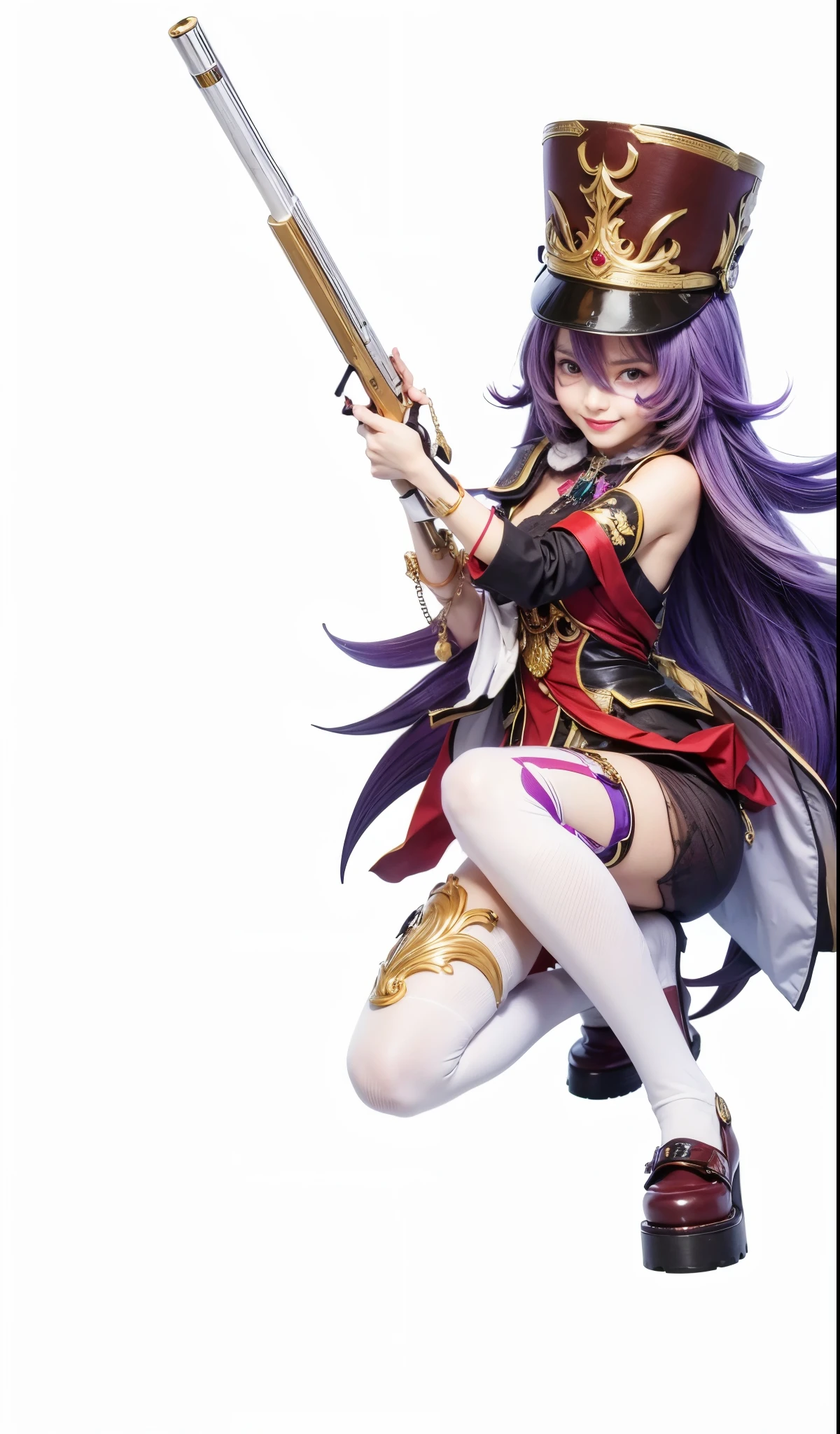 Chevreuse, genshin impact, sumeru, female, purple hair with brown hat, white gun, friendly smile
