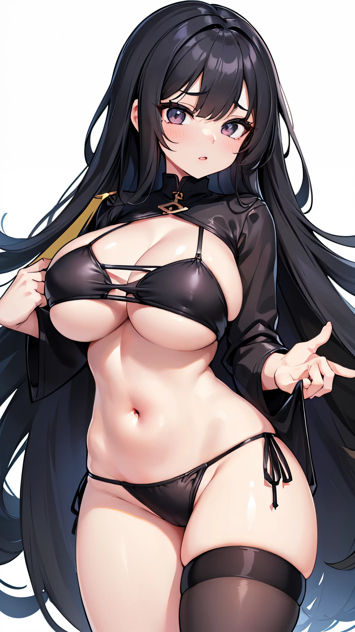 (highest quality, 8K, 32K,1 girl, Long black hair, huge breasts, perfect body, super detailed face, detailed lips, pale eyes, bikini, Are standing, fascinating, Excited, areola, in the heat, black panties、pure white background