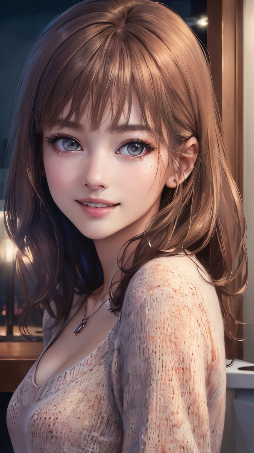 ((night、realistic light、highest quality、8K、masterpiece: 1.3))、1 girl、slim beauty: 1.4、(brown hair、medium breasts: 1.3)、Pink long sweater: 1.1、Bathroom、extra thin face、delicate eyes、 double eyelid、smile、necklace、brown eyes