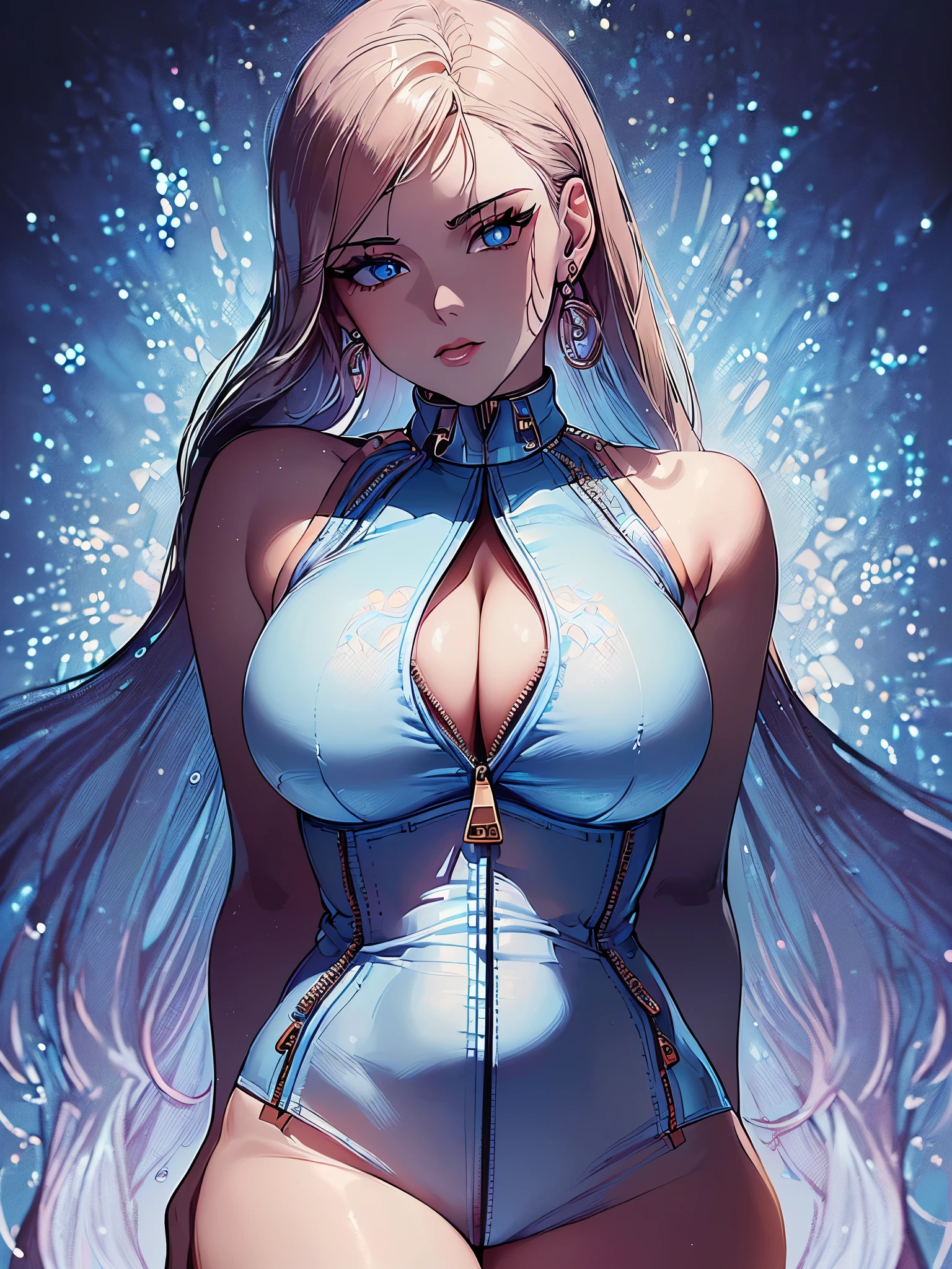 ((highest quality)),(ultra high resolution),(Super detailed),(detailed description),((best CG)),(best work of art),super precision art,great drawing art,(Fashion art with precise details:1.5), (1 woman:1.7),(beautiful and well-shaped face:1.5),((front zipper bra:1.6)),glamorous body:1.7,(earrings:1.6),tattoo:1.6,(clear blue eyes:1.3)
