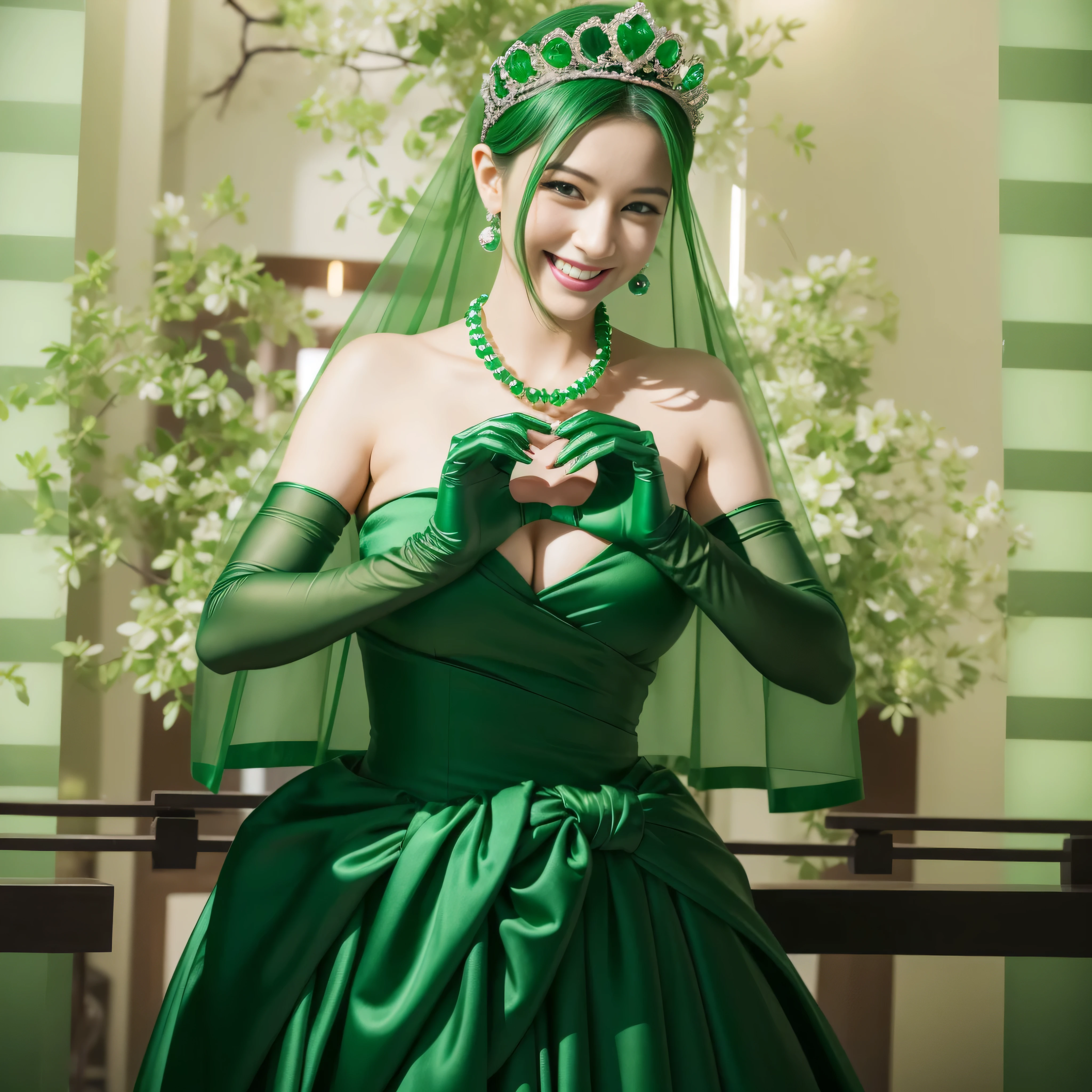 emerald tiara, green pearl necklace, ボーイッシュな非常に短いgreen hair, lipstick, Smiling woman in her 30s, very short hair, Beauty with large breasts, green eyes, Long Green Satin Gloves, green eyes, emerald earrings, green veil, heart with both hands, green hair, Beautiful woman in her 30s, heart shaped hand:1.3
