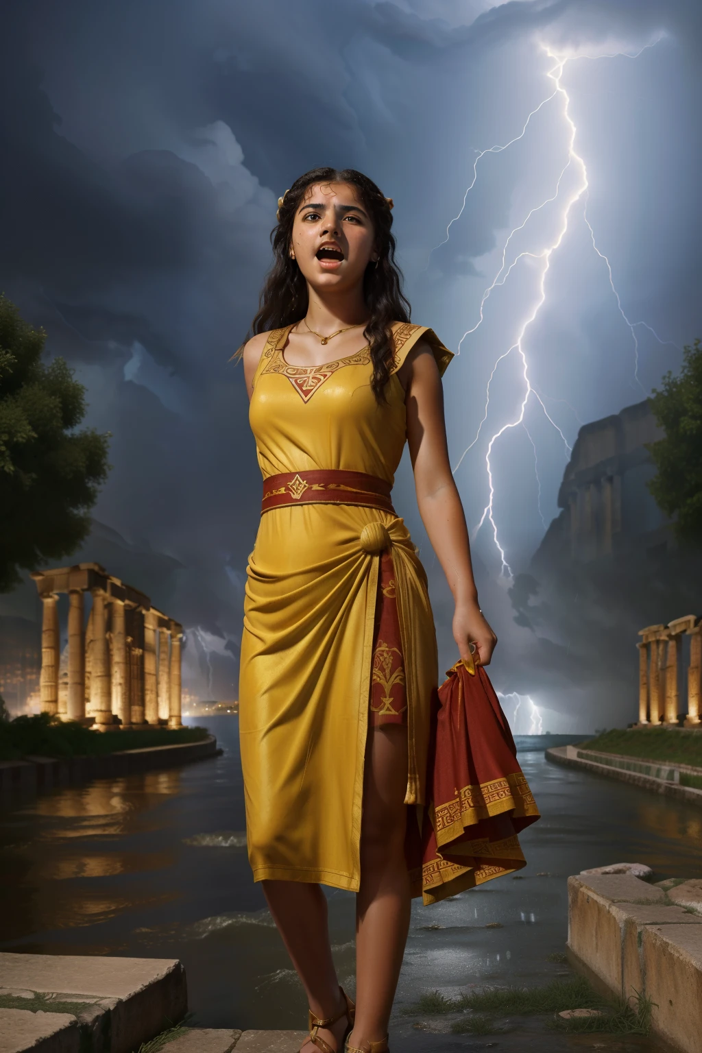 77 BC. A young ((((16-year-old)) Myrtale)), greek girl, in the docks next to the ((overflown river)), ((storm, pouring rain)), dark, risen arms, (((screaming))). ((((macedonian clothings from the 1st century BC))))