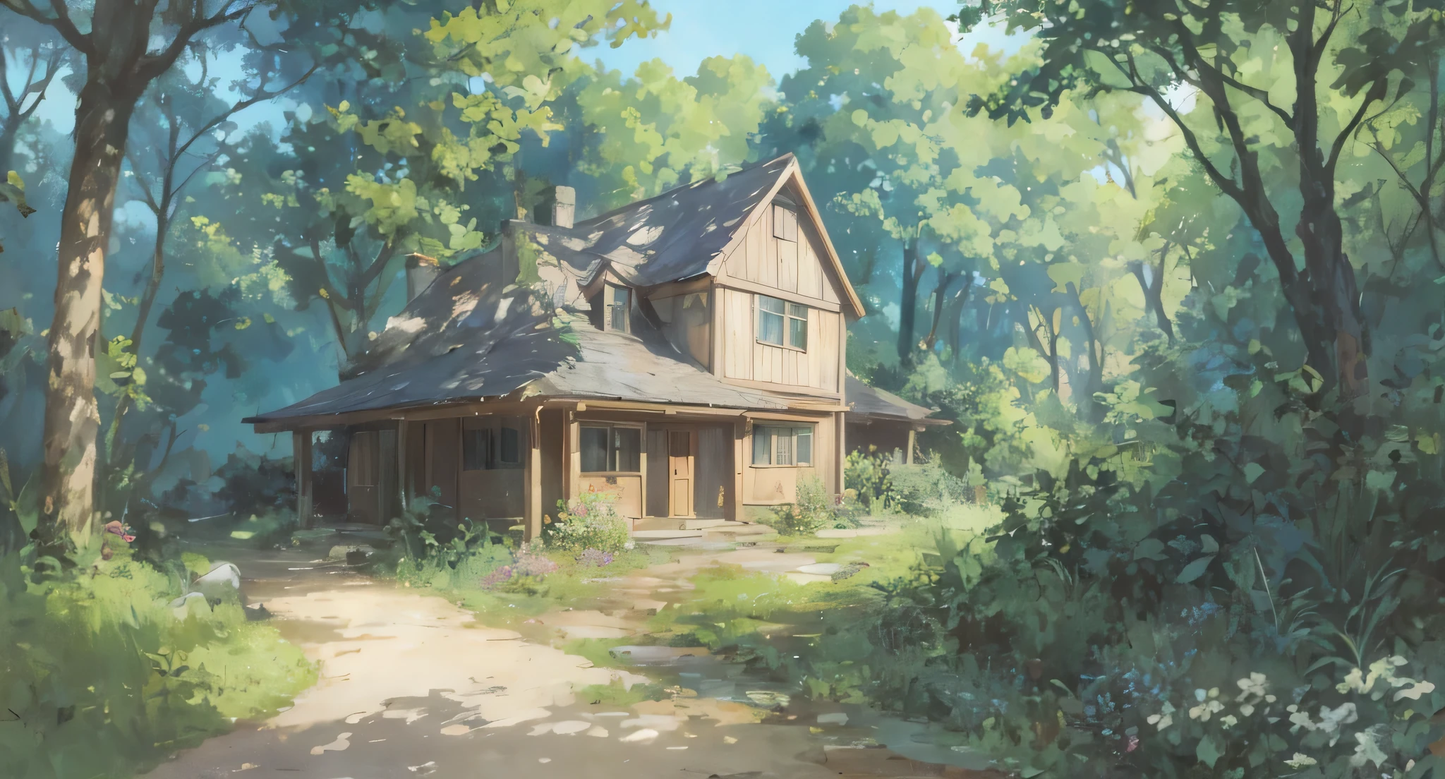 Drawing of a forest path with a house in the background, studio ghibli environment, studio ghibli sunlight, ghibli studio art, studio ghibli landscape, studio ghibli smooth concept art, ghibli art style, studio ghibli art style, anime countryside landscape, Studio Ghibli concept art, by Miyazaki, studio glibly makoto shinkai, studio ghibli painterly style