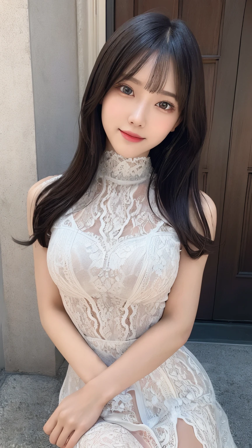 (High neck all lace costume、ample breasts、get sexually excited、take your legs out of the skirt、very thin waist)、(bold sexy pose,19 years old,Perfect and detailed eyes、beautiful big eyes)、(highest quality,masterpiece:1.3,ultra high resolution,),(Super detailed,caustics),,very detailed,High resolution 16K resolution perfect for human skin、 natural skin texture、Skin tone looks even and healthy、bright look、Perfect and detailed face、one woman,japanese girl,smile,cute,black hair,medium hair,(Depth of bounds written、chromatic aberration、、natural shading)、zipper