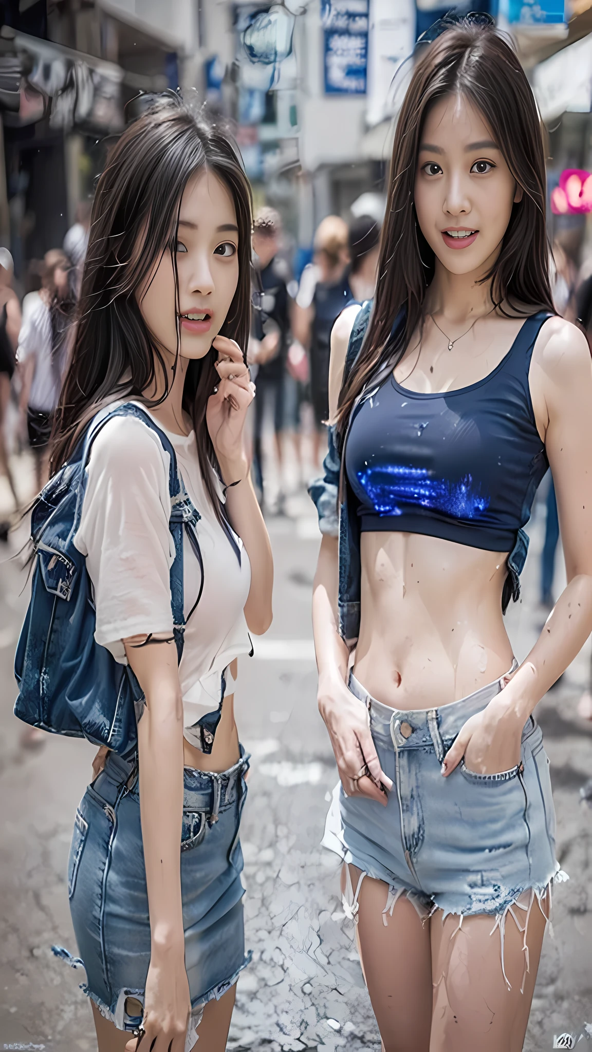 ((Best Quality, 16k, HD Masterpiece: 1.3)), Focus: 1.2, 2 Perfect Body Beauties: 1.2, Slim Waist: 1.2, Buttocks: 1.2, (( Fashion Short Straight Distribution: 1.5, Big Breasts and Beautiful Tits: 1.2)), (Wet Clothes: 1.1) , (Rain, Street:1.3), Sheer Short T-Shirt: 1.1, ( Denim Short Skirt, Open Belly Button, Perfect white thighs: 1.2, fair and round calves: 1.2, white and tender toes: 1.2), fashion brand stiletto heels: 1.2, highly detailed face and skin texture, fine eyes, double eyelids, whitened skin, smile: 1.2, happiness: 1.2, teeth, tongue, (eyes, lip gloss, pores, super detail, super realistic detail, face super realistic detail), wide lighting, natural shadows, shooting the whole body: 1.8