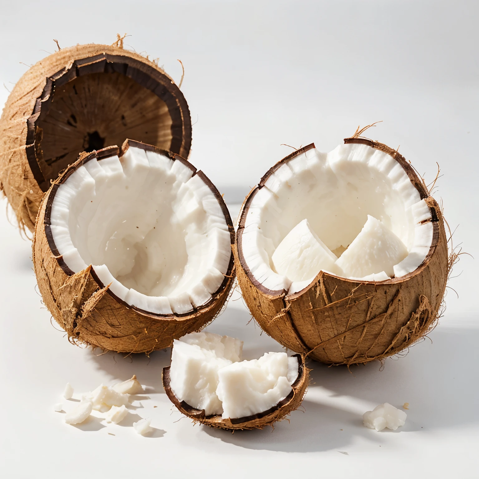 coconut halves with white flesh isolated on a white background, professional food photo, premium quality, photo with well-placed light, appetizing coconut