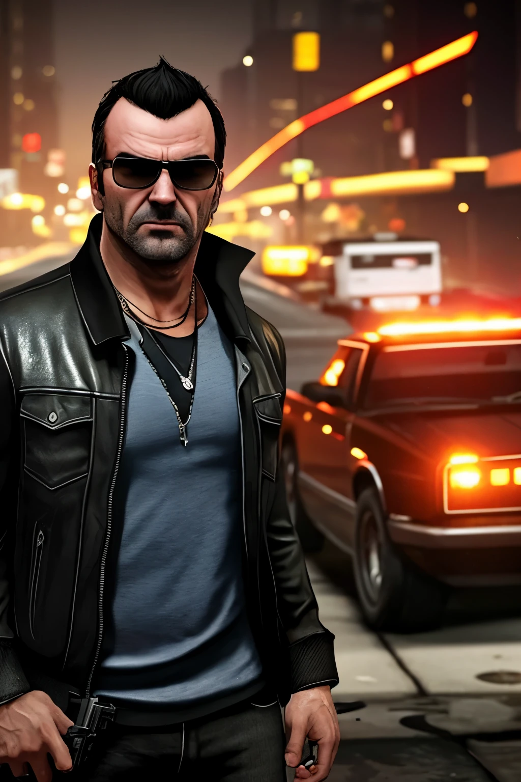 Create an image in the Grand Theft Auto V style, featuring a man holding a weapon against a backdrop of nighttime buildings. He has jet black hair with graying temples, wears a black t-shirt and denim jeans. His aquiline nose and split beard add to his menacing appearance, while his athletic build and dark glasses complete the stealthy look. The image should be highly detailed and realistic, with sharp contrasts and vibrant colors, 8k resolution.
Image description:
In the gritty underworld of Grand Theft Auto V, a lone figure emerges from the shadows. With a in hand, he scans his surroundings, his dark glasses shielding his