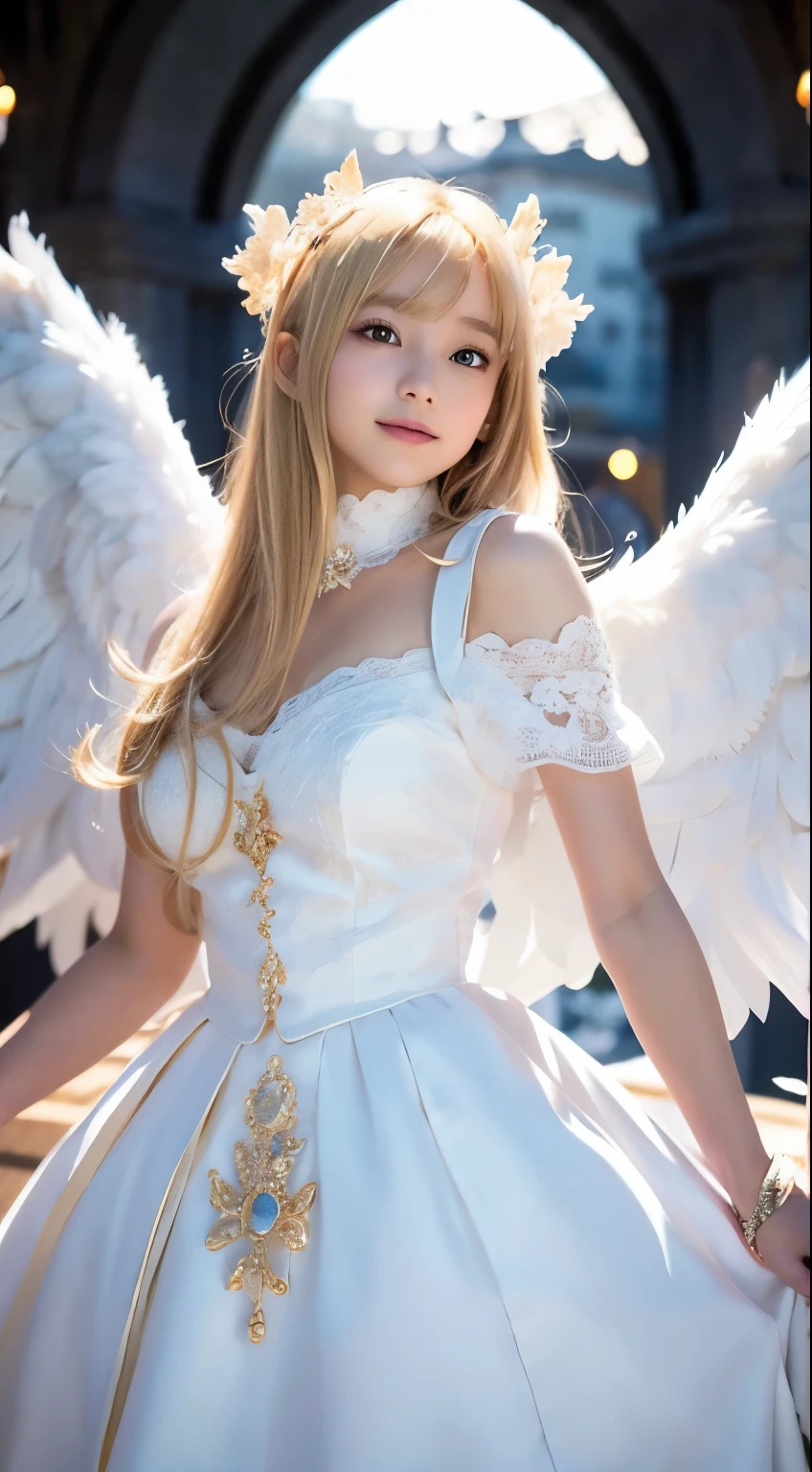 1 girl, alone, Game Character, beautiful girl, very beautiful, Ridiculously beautiful, masterpiece, highest quality, blonde hair, white dress, Angelの, crown, Angelの wings, dramatic light, ((realistic, hyper realistic, Super detailed, detailed clothes texture, detailed body shape, fine skin texture, detailed background, detailed face))、Angel、smile、looking at the camera