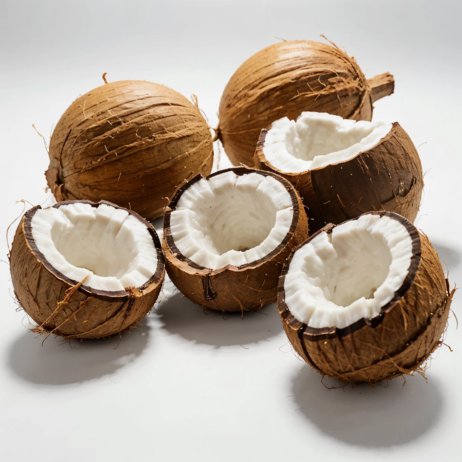 Three coconut halves with white flesh isolated on a white background, professional food photo, premium quality, photo with well-placed light, appetizing coconut
