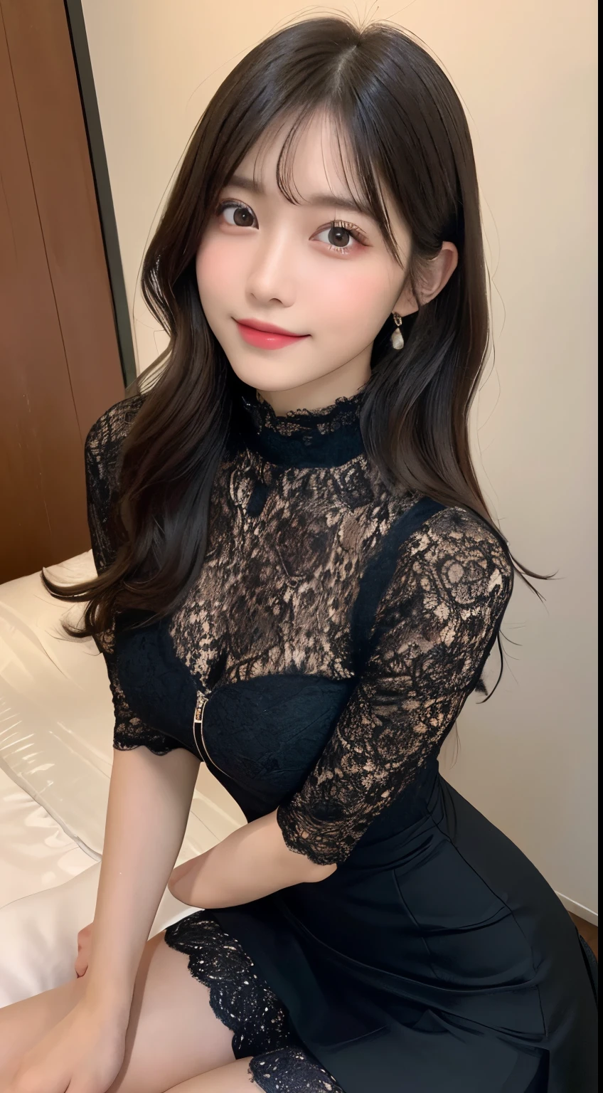 (High neck all lace costume、ample breasts、get sexually excited、Take your legs out of the lace skirt、very thin waist)、（bold sexy pose,19 years old、no makeup、detailed double eyelids、Perfect and detailed eyes、beautiful big eyes、beautiful and detailed face）、、bright look、highest quality、High resolution、Super detailed、caustics、人間の肌にぴったりなHigh resolution16K解像度、 natural skin texture、Skin tone looks even and healthy、japanese girl、smile、cute、black hair、medium hair、depth of field、chromatic aberration、blur the background、zipper