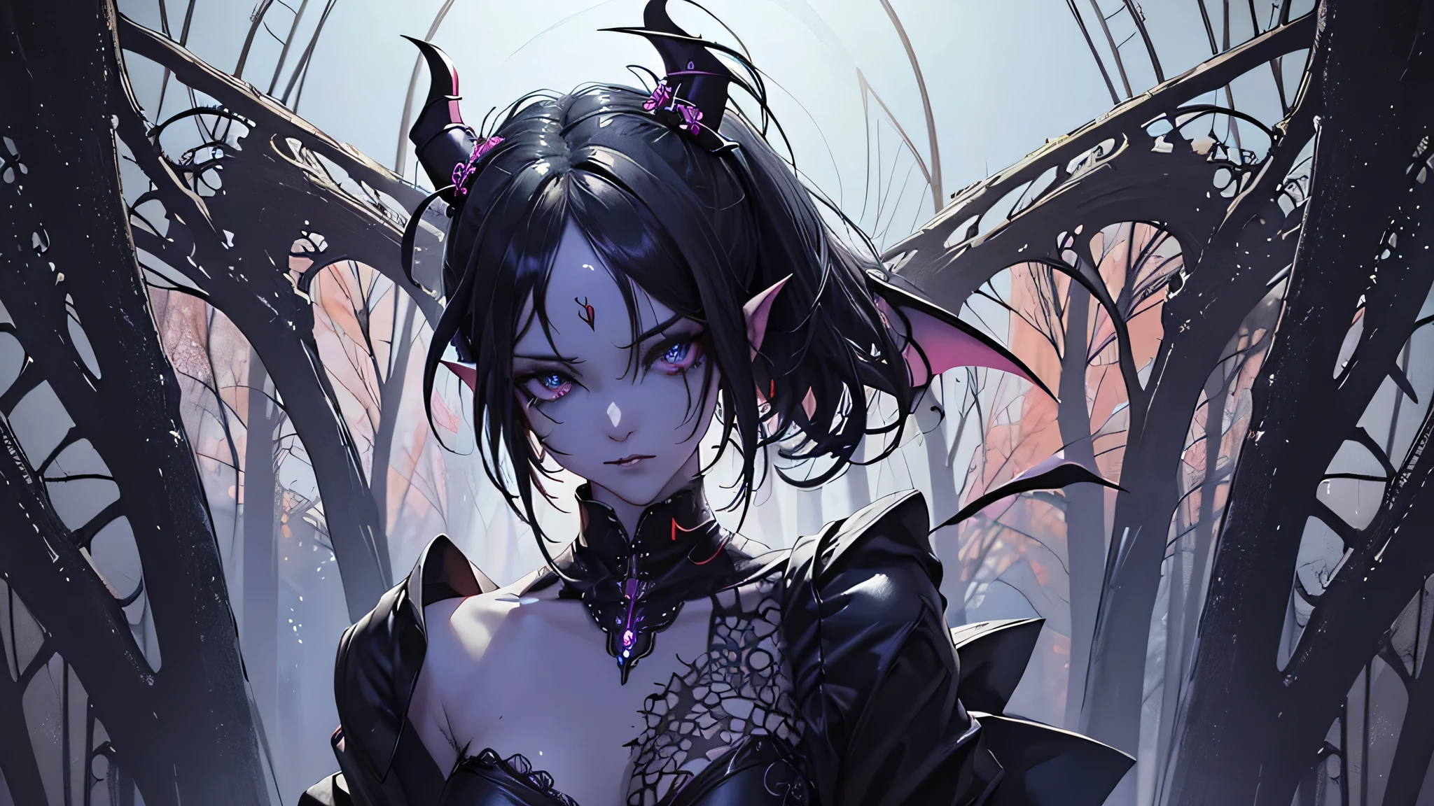 (((masterpiece))),((highest quality)),one beautiful girl,pale, (A character that personifies a dragon: 1.5), (has horns on its head:1.5)、(big breasts:1.5)、(belly button)、((reptile black clothes:1.5)),(private server), (exposure of skin),(The background is ruins:1.5).(((from the front:1.5)))、(straight front: 1.5)、(Bat-like wings:1.5)、(fly in the sky:1.5)