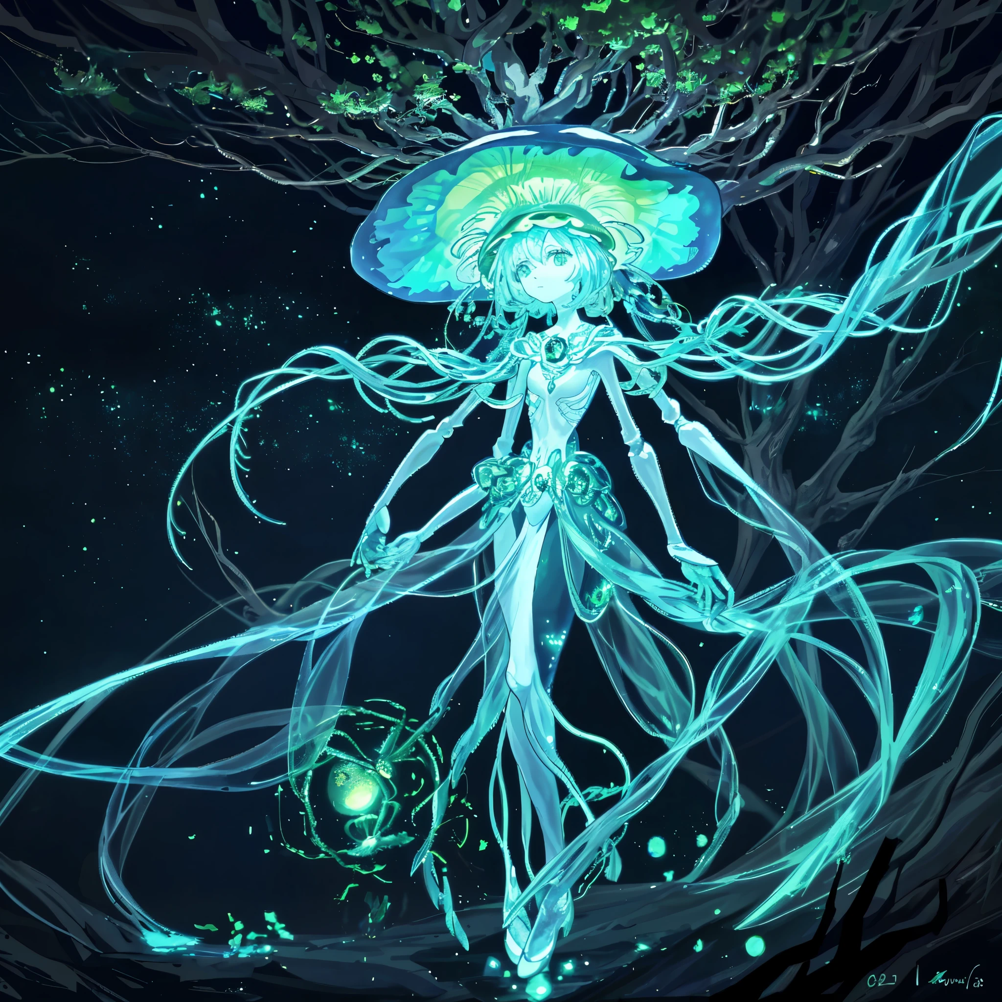 Generate images of creatures with humanoid body structure, but is mainly composed of fungal elements. its head resembles a large one, domed mushroom cap, Decorated with a pattern of glowing spots. its arms are long, Flexible tendrils extending from the shoulders, Can be operated like a human hand. instead of legs, it has a single, thick, A tree-like stem with roots in the ground. That face is like a small lump, Bioluminescent sphere embedded in the underside of the cap, arranged in a way that is reminiscent of human facial features.