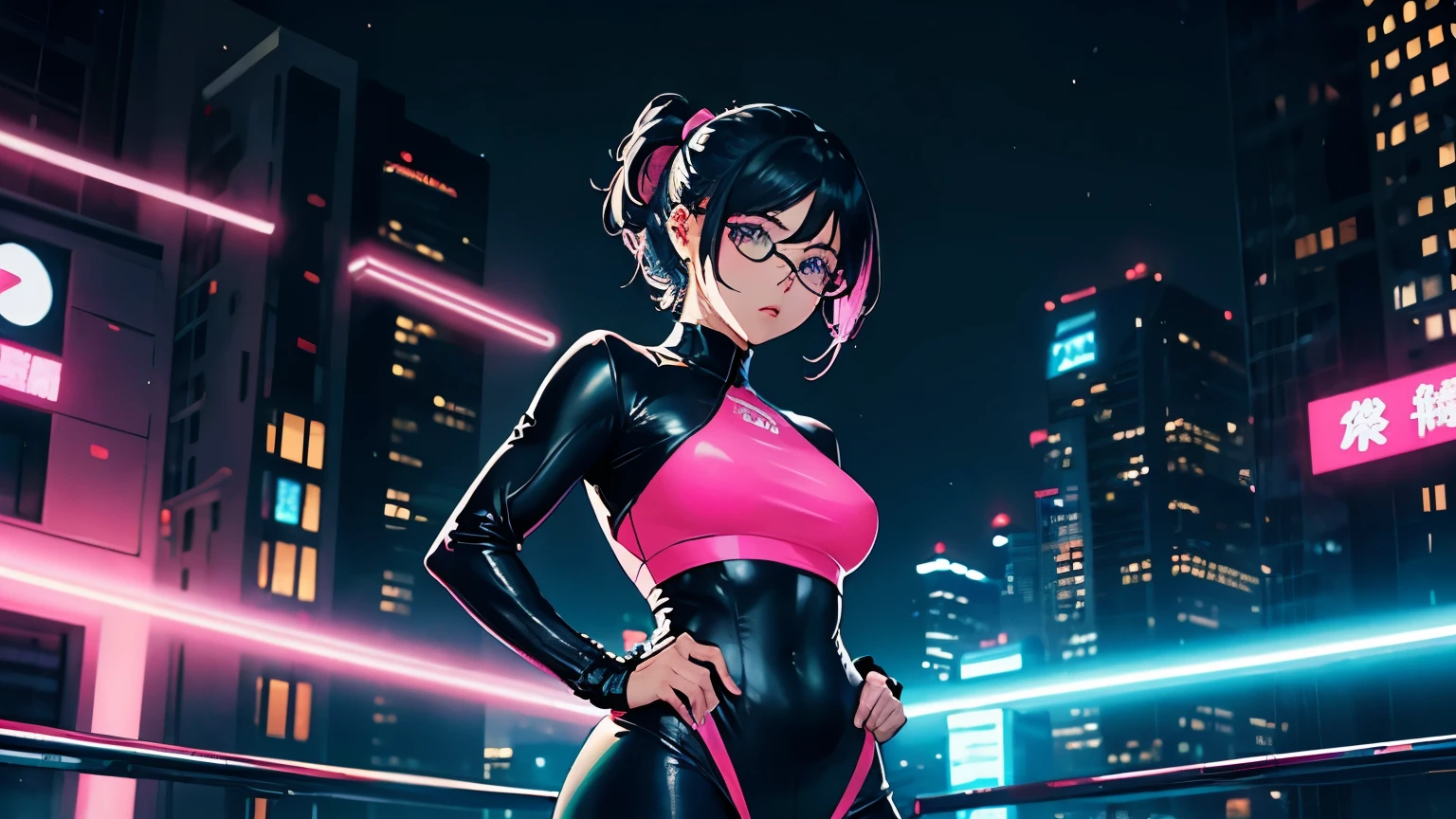 4K, A high resolution, Best quality at best, masterpiece, perfect colors, perfect shadow, perfect litthing, ((sportrait)), 1woman, fit-muscled body, bright yellow eyes，dark blue hair , blue eyes, With round lenses, detail in eyes, The audience watched carefully, (s face: 1.2), Perfect female figure, ((standing)),  ((neon pink Tight crop top leather suit)), ((shy and looking at viewert)), (Perfect thick white eyebrows) Delicate fur, 详细s face, s the perfect face, At a  fantasy planet , (model pose standing), energetic background, perfect  city skyscape,  lighting atmosphere, ((Bonifasko lighting)), (The round lenses on his eyes)(詳細な目), Perfect student, face close up