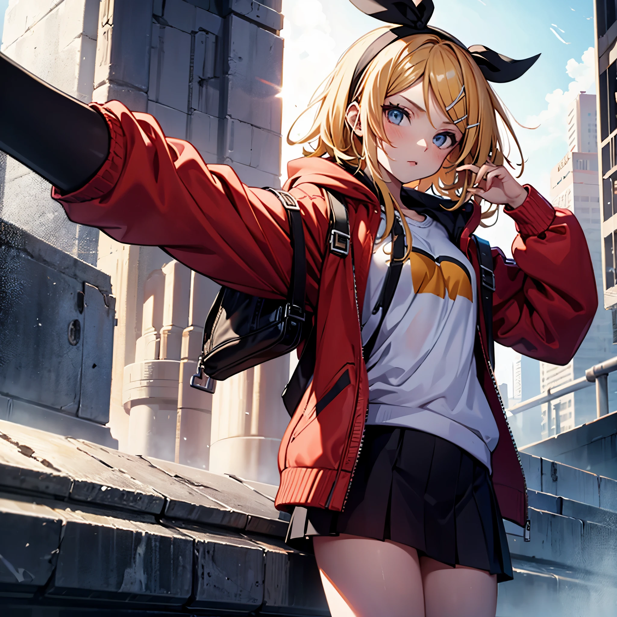 Kagamine rin , 1 girl , wearing a red hooded sweater , white miniskirt with gold horizontal lines , viendo al espectador , bragas visibles , rostro seductor 