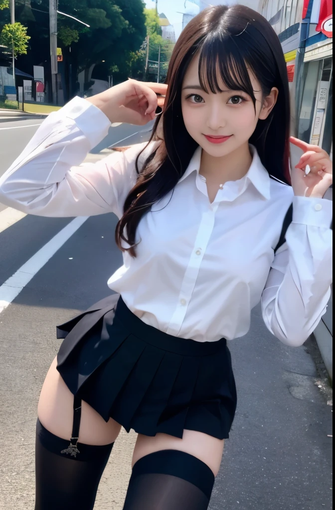 Two 20-year-old women、high angle shot、center view、((Shiny shirt、pleated skirt))、Two arafe asian women in satin shimmies standing in the city、Phenomenally cute girl、japanese girl、Wearing a lace slip shimmy、surreal 、surreal 、 Pause、Full body Esbian、nice skin、glowing skin、nice thighs、Shining thighs、shining legs、Black high socks above the knee、Japanese high school 、Nogizaka Idol、korean idol、please invite me inside、inviting eyes、((black stockings))