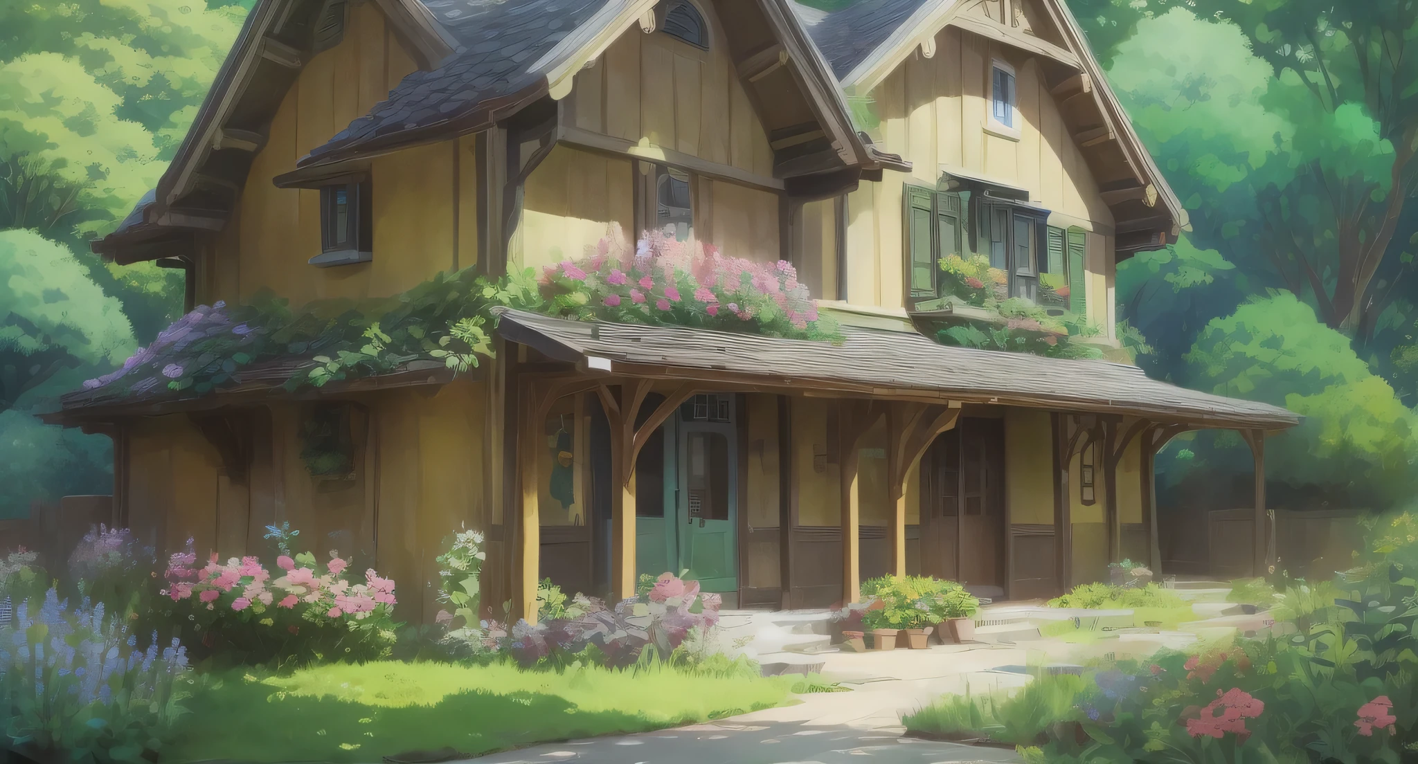 Anime image of a garden house with a bench, ghibli studio style, studio ghibli environment, studio ghibli sunlight, studio ghibli art style, ghibli studio art, ghibli art style, Anime background art, ghibli studio anime style, style of studio ghibli, studio ghibli smooth concept art, studio ghibli scheme, studio ghibli painterly style, スタジオghibli art style