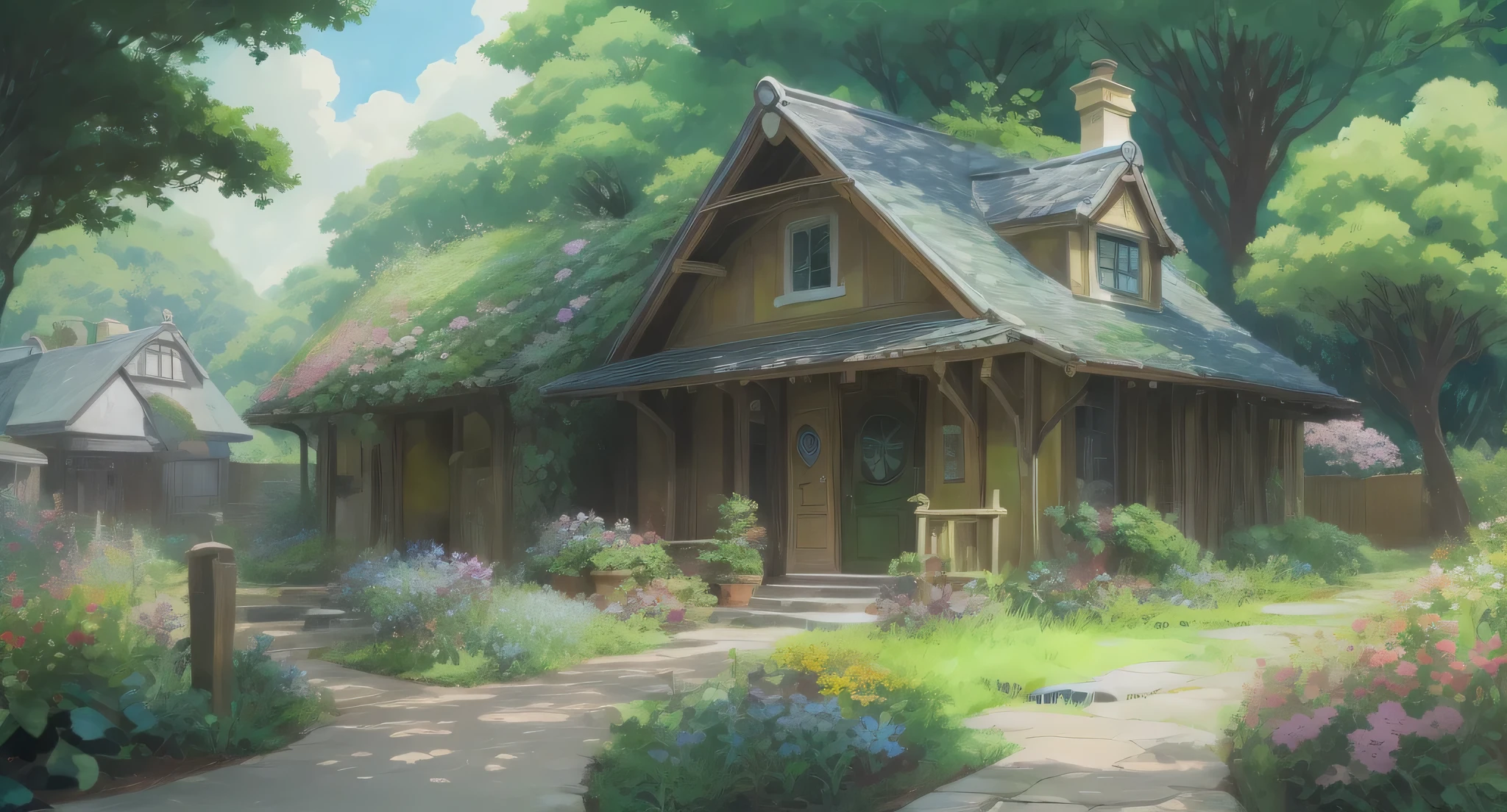 Anime image of a garden house with a bench, ghibli studio style, studio ghibli environment, studio ghibli sunlight, studio ghibli art style, ghibli studio art, ghibli art style, Anime background art, ghibli studio anime style, style of studio ghibli, studio ghibli smooth concept art, studio ghibli scheme, studio ghibli painterly style, スタジオghibli art style