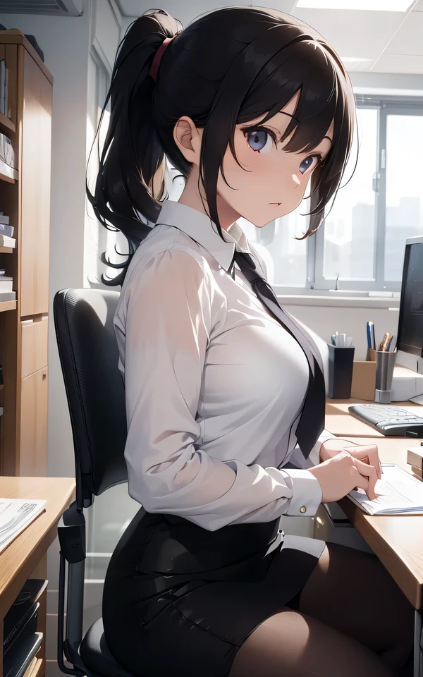 absurderes:2.0、Profile Shot:1.3, (best quality), (intricate detailed), (Hyperrealistic), Front Light、highly detailed, detailed background, illustration, 1girl, perfect hands, detailed fingers, beautiful detailed eyes, perfect eyes, seductive eyes, milf, mature woman, brown eyes, CEO, (office lady suits:1.2 , pencil skirt), pantyhose, a woman in the office room, serious、sit in an office chair, Irritated, ponytail
