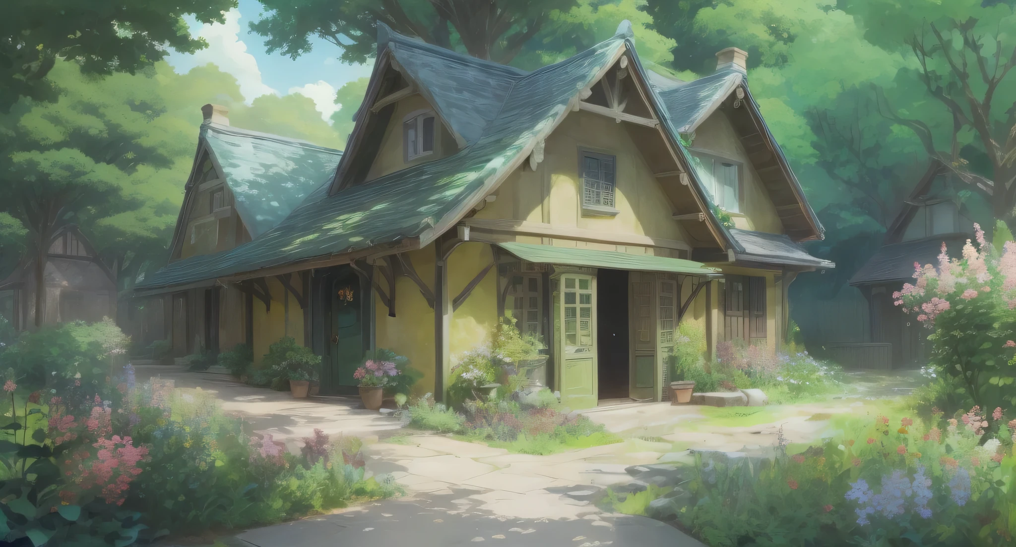 Anime image of a garden house with a bench, ghibli studio style, studio ghibli environment, studio ghibli sunlight, studio ghibli art style, ghibli studio art, ghibli art style, Anime background art, ghibli studio anime style, style of studio ghibli, studio ghibli smooth concept art, studio ghibli scheme, studio ghibli painterly style, スタジオghibli art style