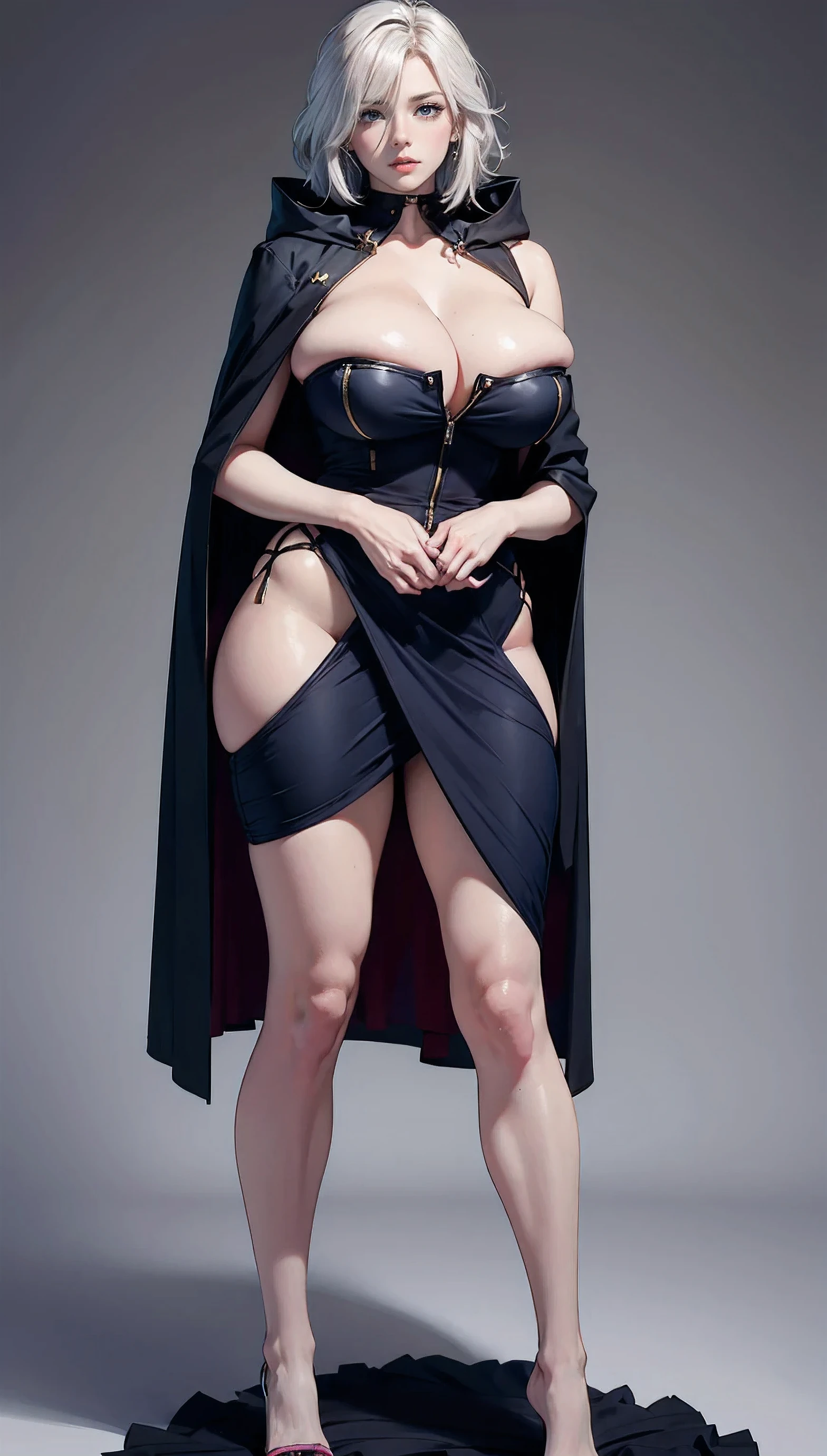 (masterpiece:1.2, highest quality), (highly detailed face, real image, delicate skin tone realistic skin, realistic body,woman1,West castle in the background,Authentic nudes with intricate details, bright silver hair,Fluffy shorthair,messy hair,boyish,full body photo,Luxurious cloak,fascination pose,long eyelashes,expensive,huge cleavage,big bust,huge nipples,big hips, thick chest plate, beautiful feet, and a thin waist,pussy,clearware,whiten skin,