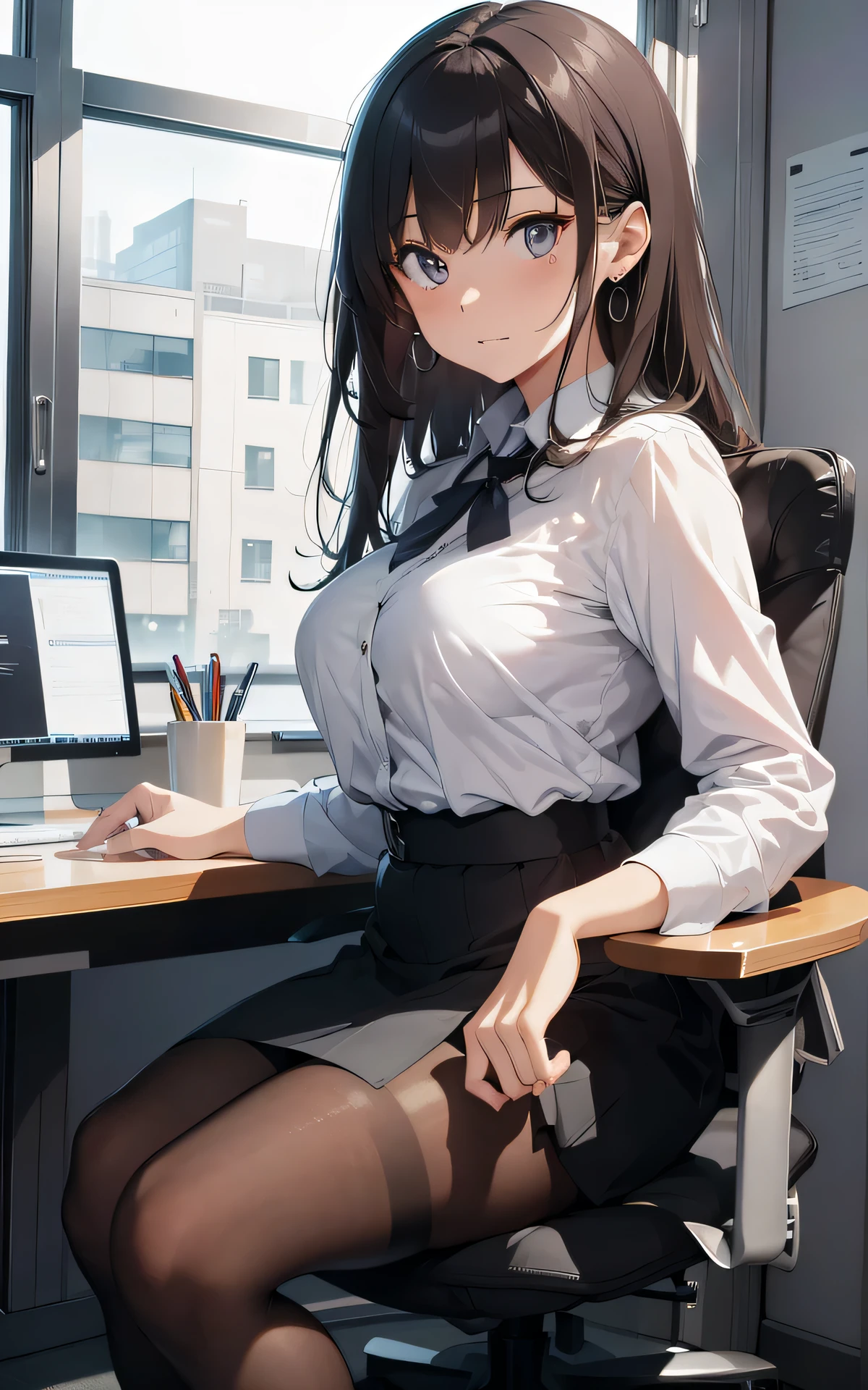 (official art、highest quality、Unity 8k wallpaper、32K、masterpiece、super detailed、超high resolution、realistic、Photoreal:1.2)、(cinematic lighting:1.2)、fire glow effect、film grain、best shadows、rim lighting、side light、(Super detailed and complex 3D rendering)、Background like Makoto Shinkai、detailed beautiful face and eyes、(Beautiful and sharp pupils)、masterpiece, high resolution、highest quality, ultla highres, maximum resolution, very detailed, professional lighting, beautiful skin, 28 year old woman、very pretty、OL、neck strap、hang your employee ID card around your neck、cardigan、At work in the office、desk、(Tight Skirt、sit in a chair、deskの下で、Spread your legs a little and show off your panties:1.4)、pc、bright hair color、bangs、dull bangs、Office Lady、(squint your eyes、grin、troubled eyebrows)、deskの下からのアングル、(super low angle)、(((Precise human body structure、Correct and accurate number of limbs、Correct and accurate number of fingers)))