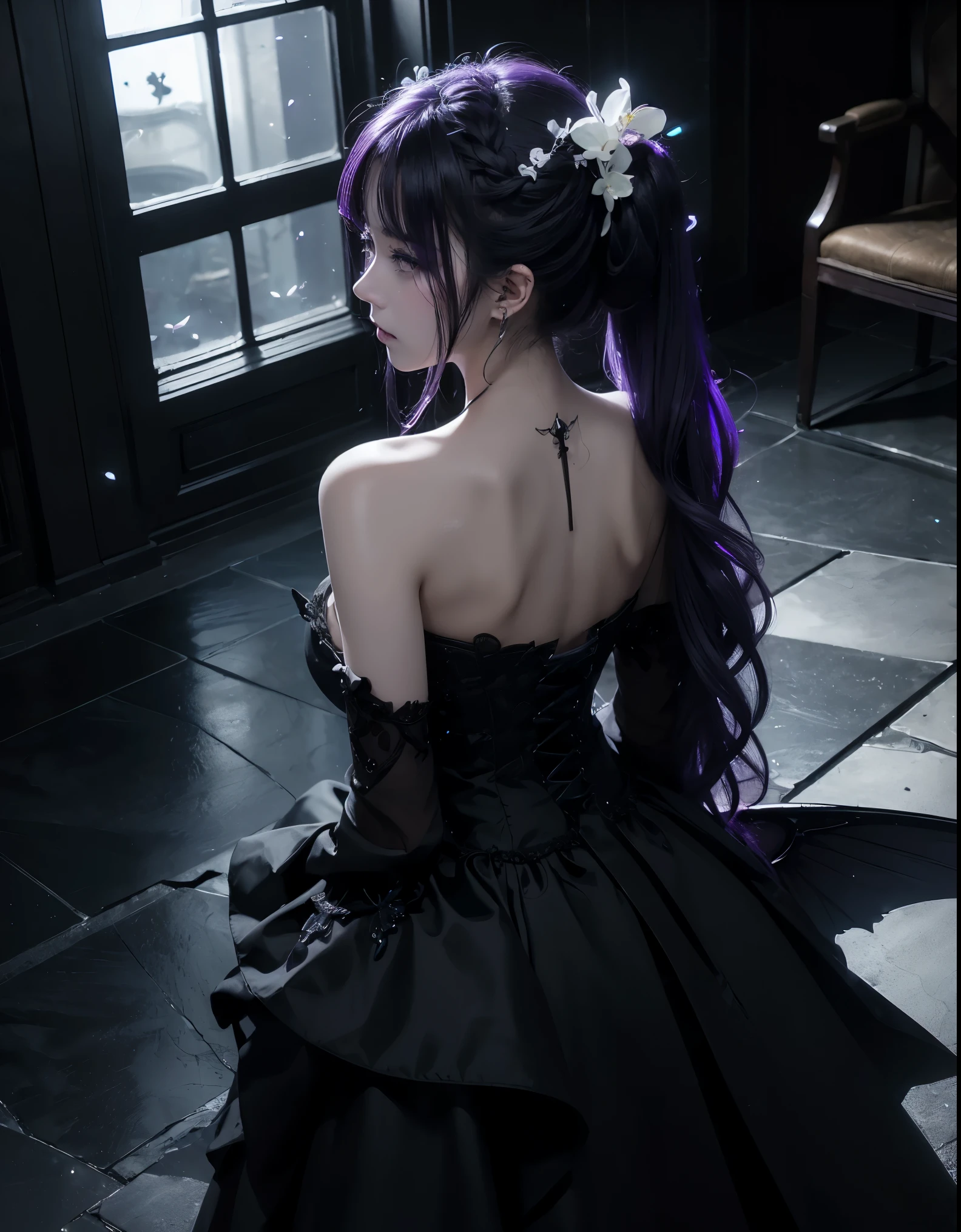 (((RAW photo , insanely detailed, highest quality, high resolution, solo,)))
break、(contrast:1), full body、 hugging own legs:1.2、teary-eyed、from above、Seen from directly above, back on the floor、sad,insanely detailed face, depressed、cry、 impressionism、looking away、Looking up、reaching out、have one's arm pulled by someone、
break、 (((violet hair Beach waves hairstyle ))), (((cosmetics))),large tits, break
break、black effect,black wings:1.2 , Black angel:1.2, ((night)), dark persona, darkmakeup 、dark night:1.2、
break、Indoor、Vampire Castle, detailed background, (darkened world, dark, darkness, moon、 (in the dim darkness,)dark room:1.2、basement、indoors、Town of the Dead、
break、Antonio Riva dress:1.1,dress made of slightly transparent fabric:1.3、(extremely intricate:1.2), high fantasy, black angel hair ornament, beautiful face, (empire dress), jewelry, blue skin, pointy ears, ( black angel wings on her back:1.2), BREAK、(White neon flowers), (White neon fireflies), lots of black particles,break,background, monochrome, greyscale, barefoot,