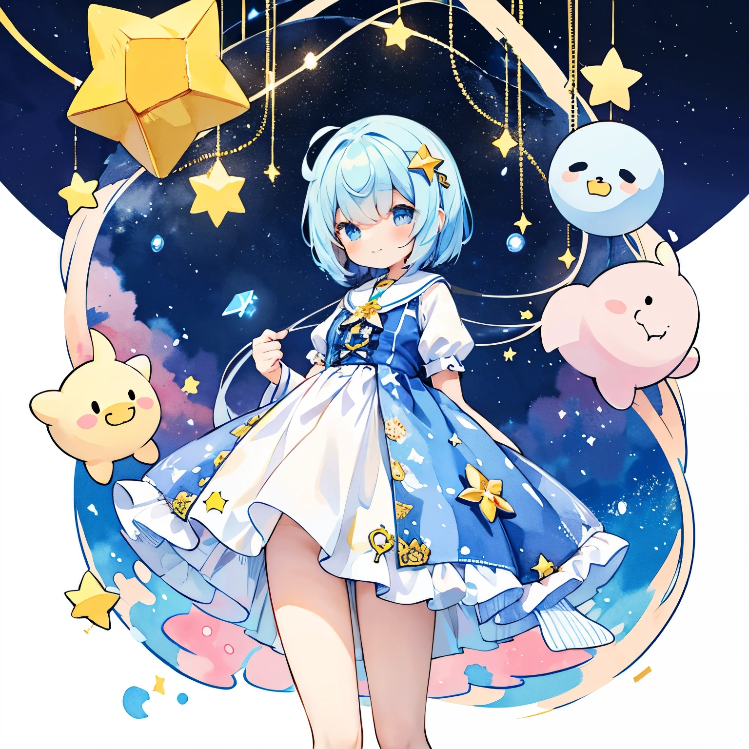 (Color: 1.5), (Illustration Cute: 1.5), (Watercolor: 1.2), (1 Girl: 1.0), (1 Girl: 1.2), Eye-to-Eye Hair, White Background, Girls, Whole Body Espian, Star in Hand, Star in Hand, Glitter in Hand, Best Smile in Hand, Star Group, Many Stars, Night sky, Puffy Skirt Design, Star-patterned design, style, double-layered white dress skirt, twinkling stars, hair swaying