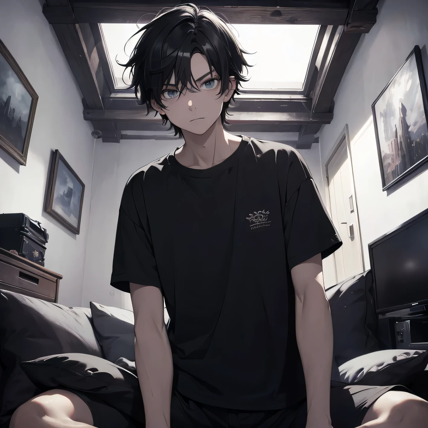 ridiculous resolution, high resolution, (masterpiece: 1.4), Ultra-detailed, Young man with messy short black hair, Black casual clothes, weird room, lying on sofa, watching tv (1.3), angry expression