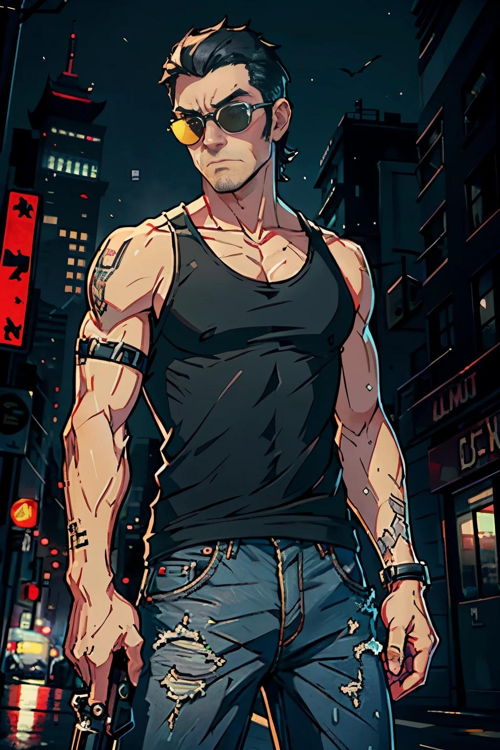 Create an image in the style of Grand Theft Auto V, featuring a man holding a weapon with the backdrop of nighttime buildings. He has black hair with grey temples, wears a black tank top and denim jeans, a split beard, an aquiline nose, and sports dark glasses. The image is in vector format, composed of sixteen vibrant colors. --s2
Create an image in the style of Grand Theft Auto V, illustrating a man brandishing a weapon against the backdrop of dark city buildings. With black hair flecked with grey at the temples, he dons a black tank top and denim pants, bearing a split beard and a chiseled jawline concealed
