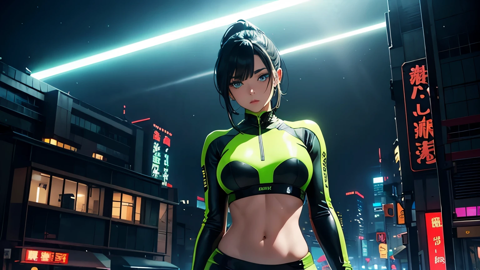 "(masterpiece, best quality, 8k, sharp focus, depth of field, best shadows, perfect lights, HDR, realistic skin texture, ultra-detailed background, detailed)", anime style, 1 woman, (green eyes, white skin, black hair with twintails, choker, small breasts, slim, makeup, eyeliner, glow) in very lewd poses in a cyberpunk cityscape at night