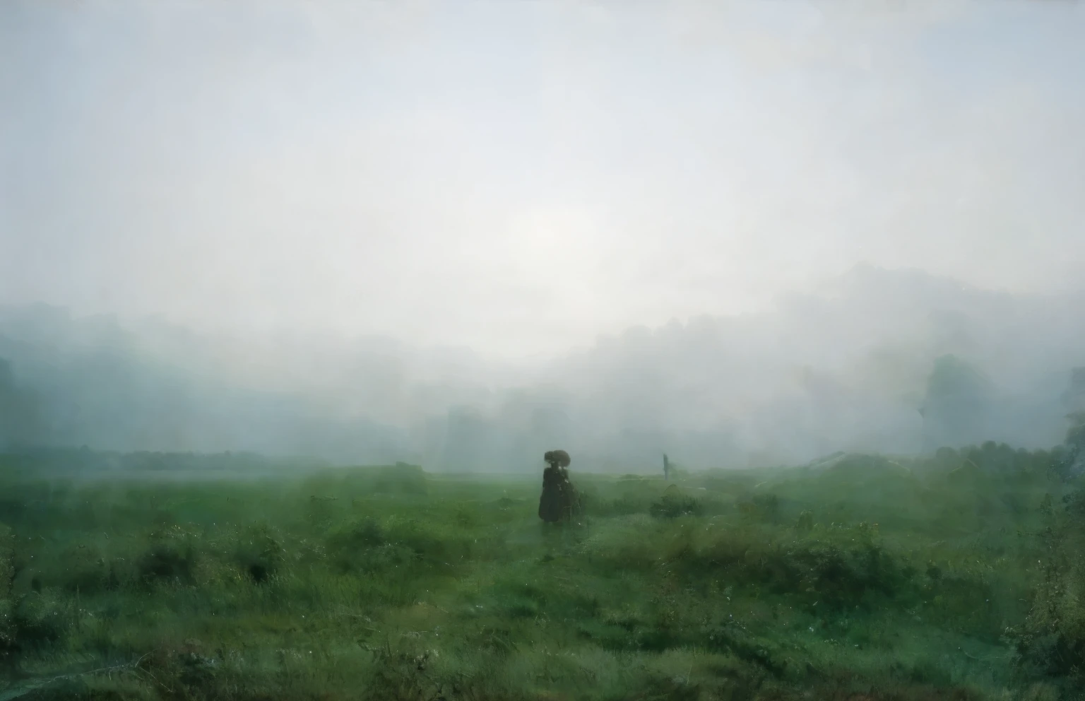 Foggy, 地面被fog覆盖, 低空的fog, There is fog on the ground, foggy land, There is fog in the background, There is fog on the ground, 地上有fog, Fog obscures the background, foggy photo 8k, There is fog in the background, foggy background, 淡淡的fog, Clean field, fog, Dark shadow in the distance, There is a man in black in the distance,There are transparent flowers on the grass
