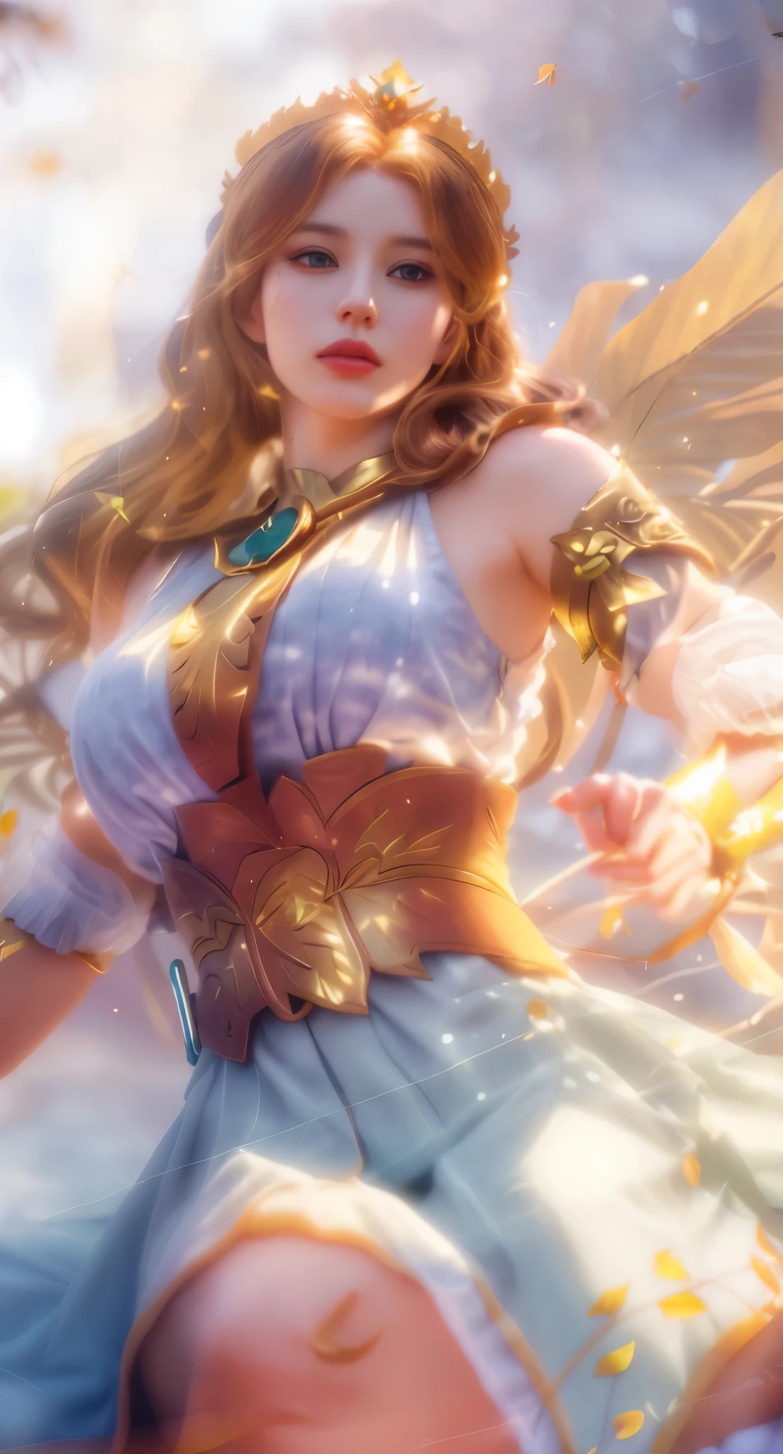 Real life adaption of this character, beauty face, realistic same outfit, realistic same hair,wear realistic Golden crown shaped leaves,wear realistic same golden belt shaped leaves,Her hand gave off light, realistic light, realistic shadow, realism, hyper realistic, (photorealistic 1:2)