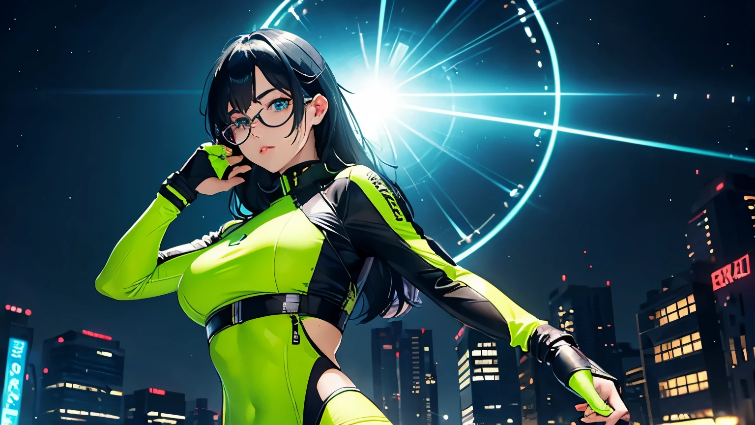4K, A high resolution, Best quality at best, masterpiece, perfect colors, perfect shadow, perfect litthing, ((sportrait)), 1woman, fit-muscled body, bright yellow eyes，rounded ass, dark blue hair , blue eyes, With round lenses, detail in eyes, The audience watched carefully, (s face: 1.2), Perfect female figure, ((standing)),  ((neon green Tight crop top leather suit)), ((shy and looking at viewert)), (Perfect thick white eyebrows) Delicate fur, 详细s face, s the perfect face, At a  fantasy industrial city , (model pose standing), energetic background, perfect  city skyscape,  lighting atmosphere, ((Bonifasko lighting)), (The round lenses on his eyes)(詳細な目), Perfect student, face close up