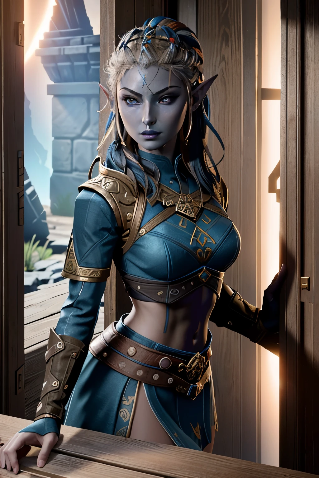 ( masterpiece, best quality, highres:1.3)
 BGJaheira, 1girl, solo, pointy ears, in door, sexy look, Blue lipstick, red hair, skin colour dark, sexy look , Big , vegina, urbosa tha legend of Zelda hot look 